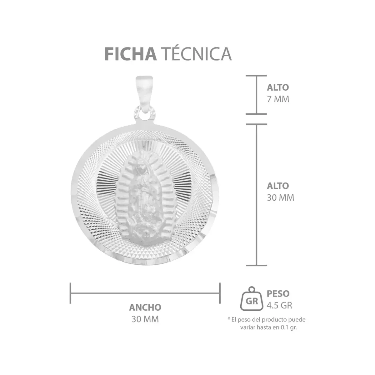 Dije Medalla Virgen de Guadalupe Plata 925 Diseño Diamantado Modelo 2193 - Imagen 7