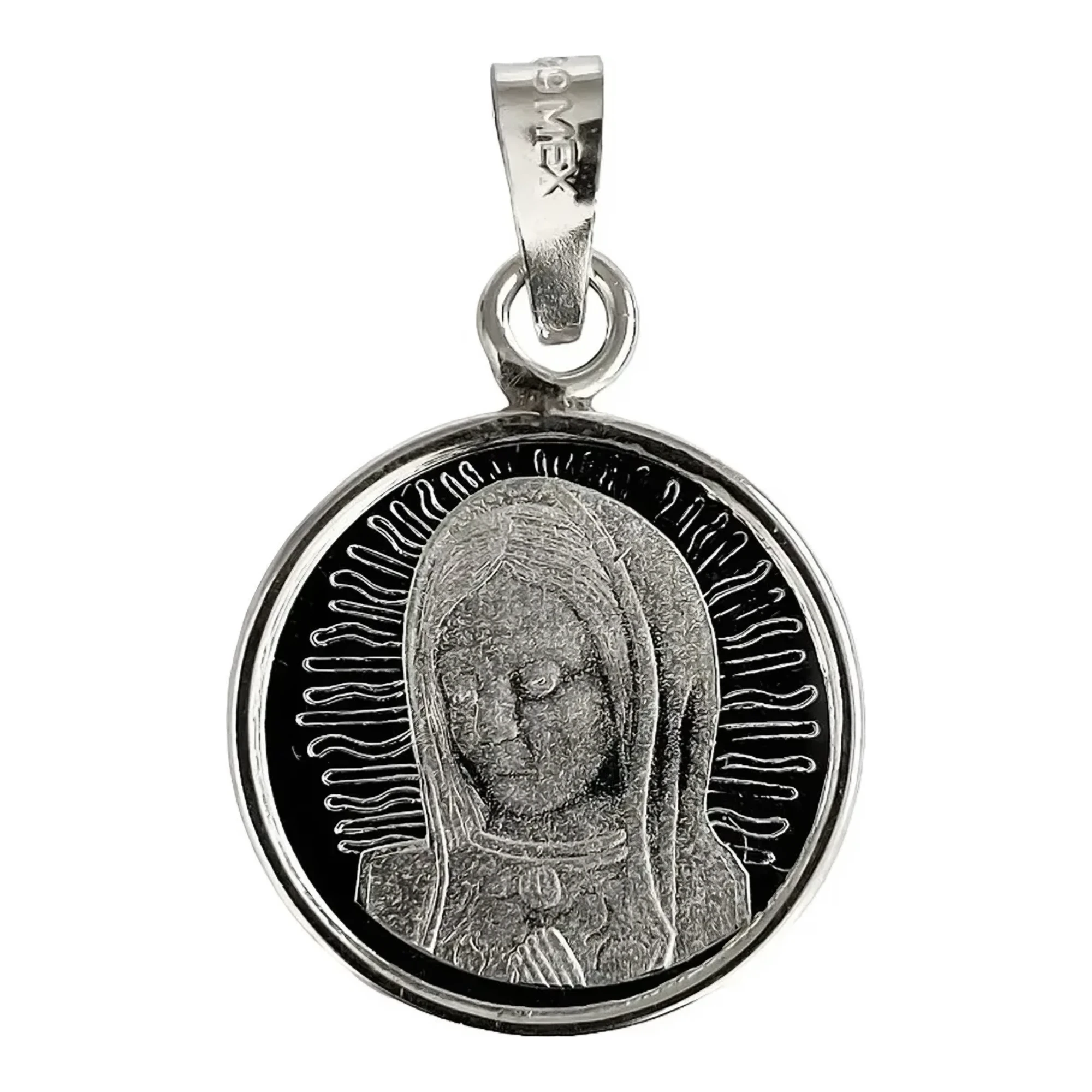 Dije medalla Virgen de Guadalupe plata .999 pura nacional ovalada brillante con broche perico y acabado espejo tradicional