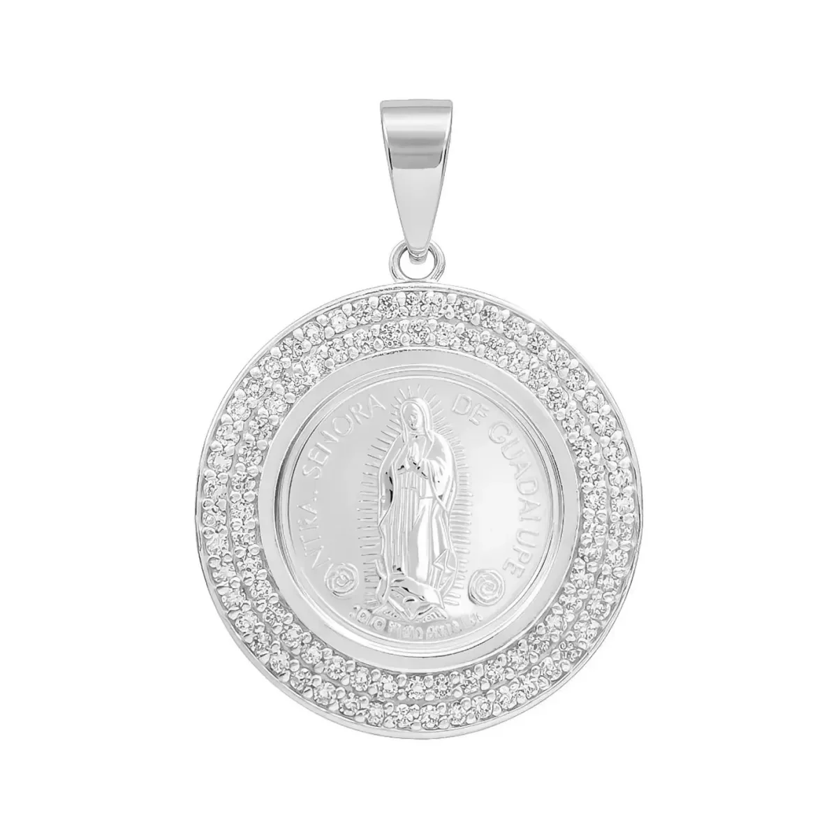 Dije Medalla Virgen de Guadalupe en plata .999, con doble halo de zirconias brillantes, joyería religiosa católica moderna.