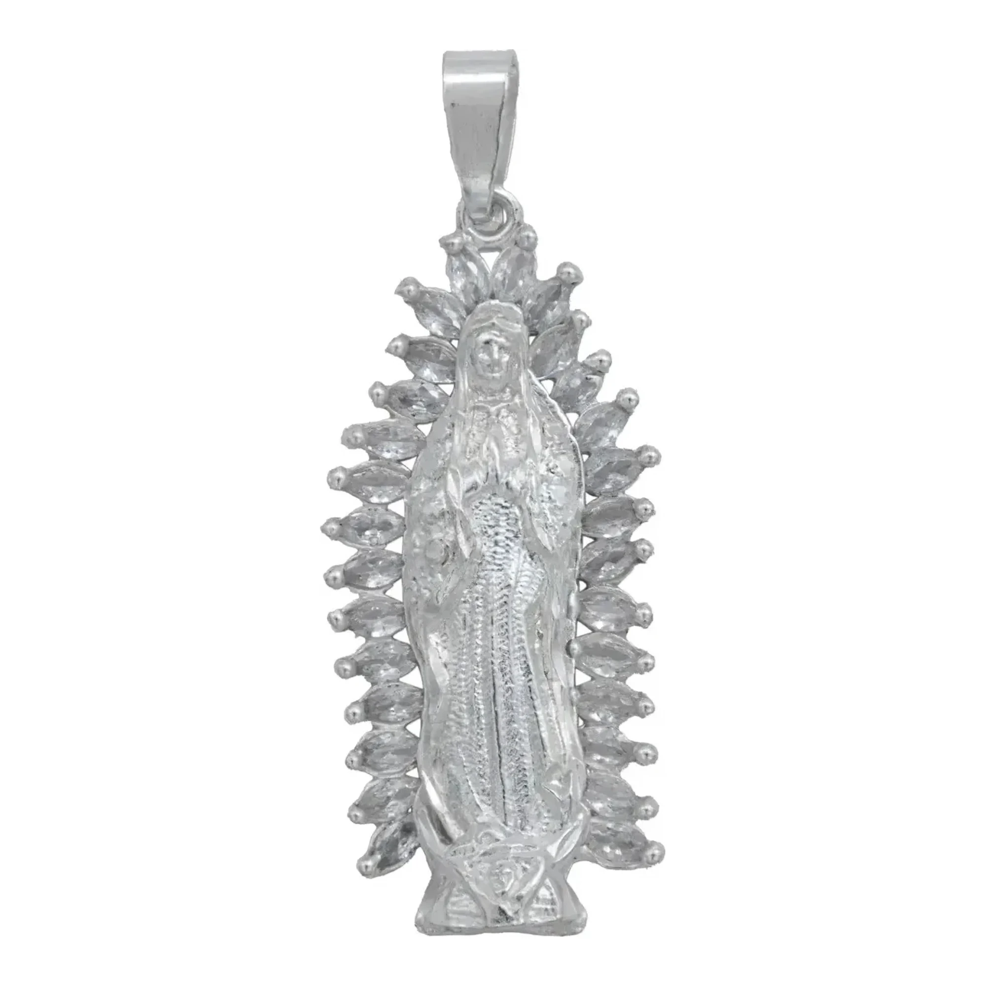 Dije medalla Virgen de Guadalupe en plata ley .925 nacional con zirconia baguette blanca y broche perico acabado liso