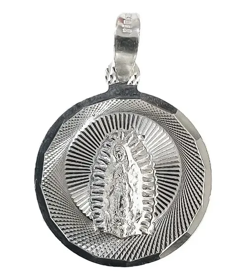Dije Medalla Virgen de Guadalupe Plata Ley .925 Acabado Diamantado - Imagen 1