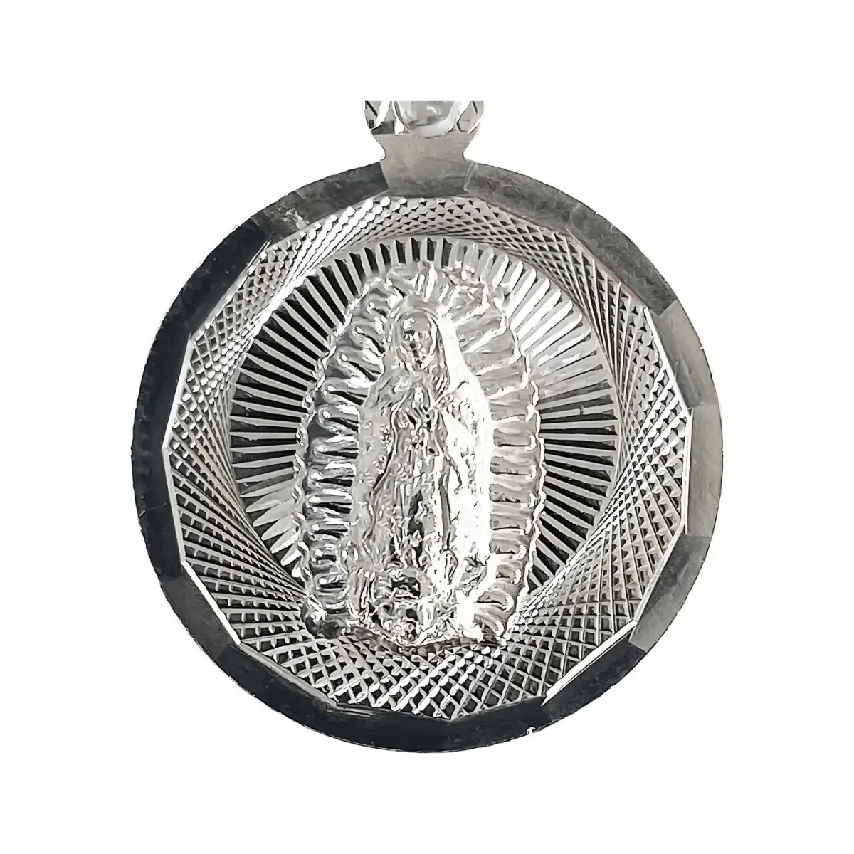 Dije Medalla Virgen de Guadalupe Plata Ley .925 Acabado Diamantado - Imagen 3