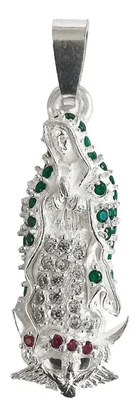 Dije Medalla Virgen de Guadalupe Plata Ley .925 con Zirconias Verdes - Imagen 1
