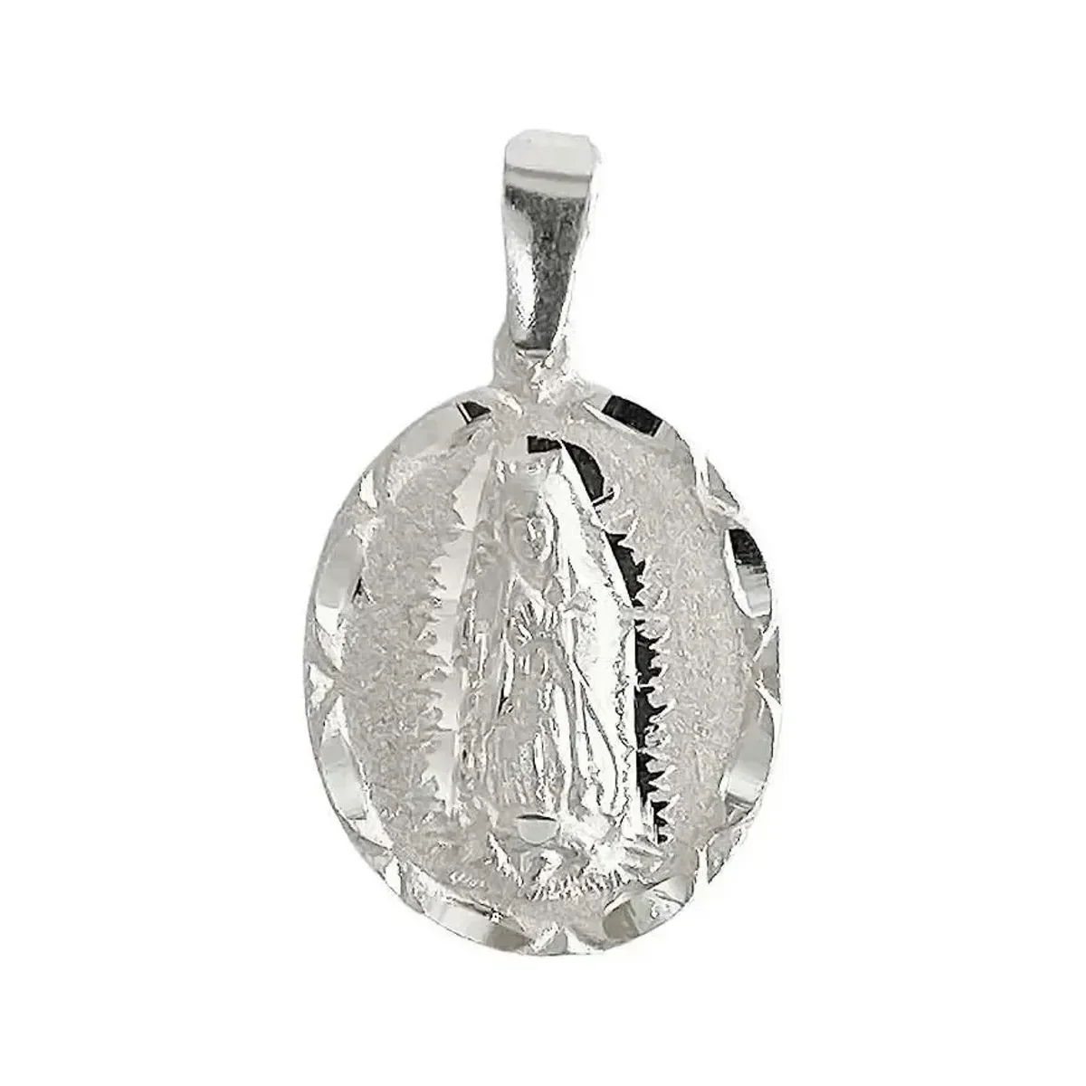 Dije Medalla Virgen de Guadalupe Plata Ley .925, diamantado mate, joyería artesanal mexicana, colgante de fe, diseño moderno.