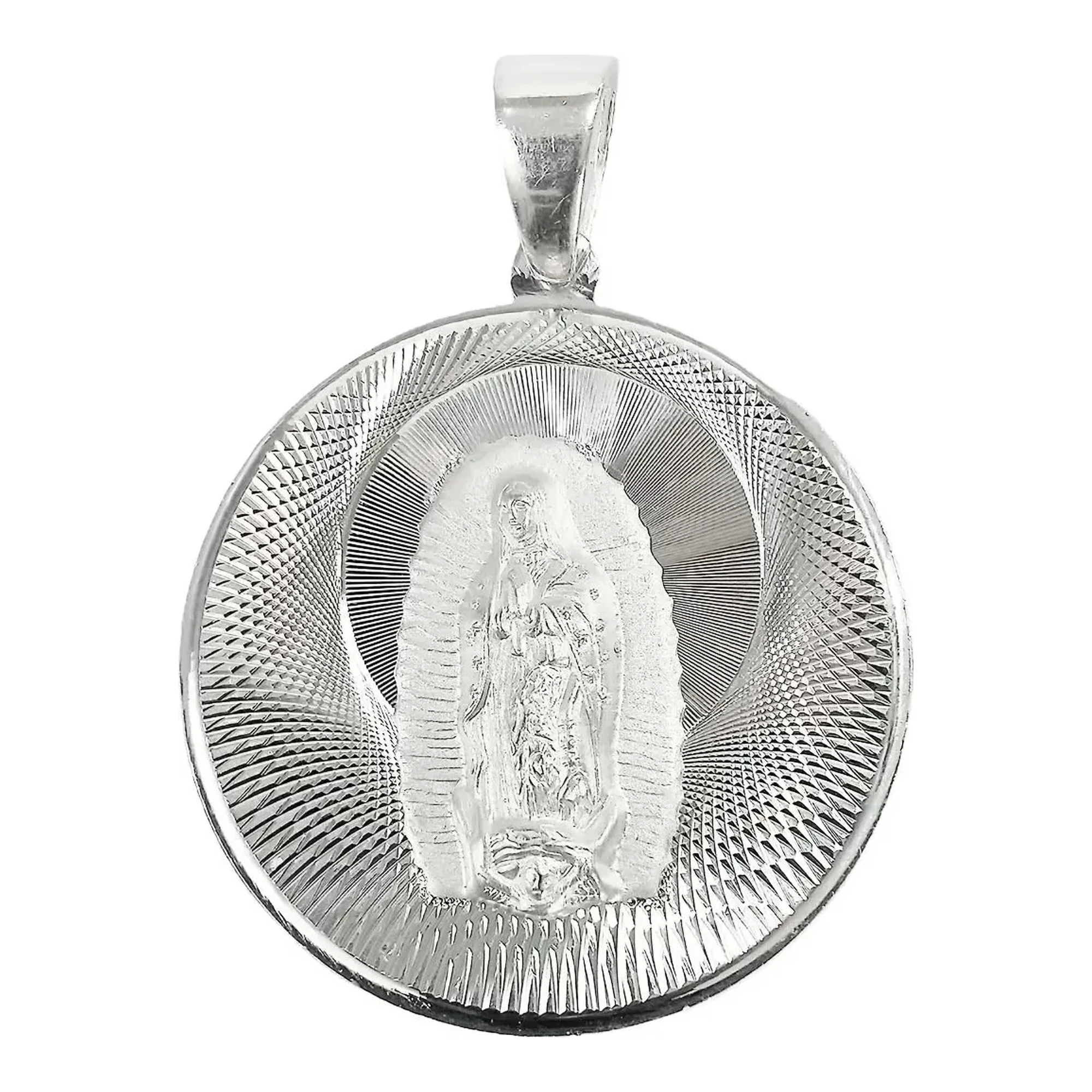 Dije medalla Virgen de Guadalupe plata ley 925 acabado diamantado brillante silueta ovalada tradicional religiosa mexicana