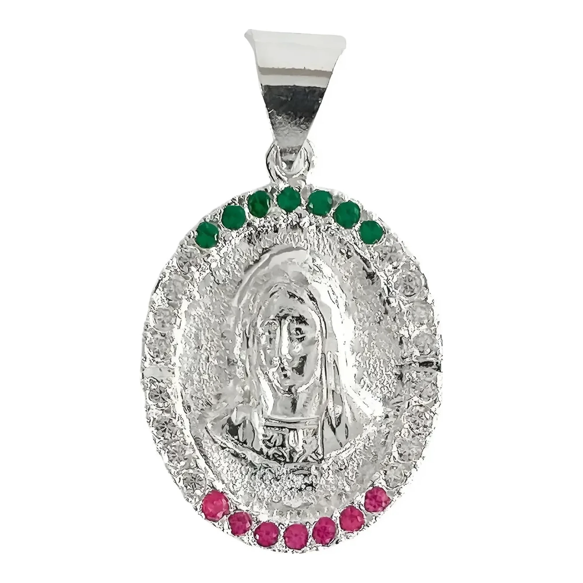 Dije medalla virgen guadalupe doble vista plata de ley 925 diamantada brillante ovalada con zirconia engarzada fina mexicana