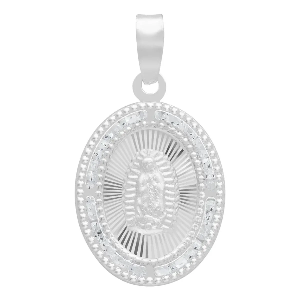 Dije Medalla Virgen Guadalupe ovalado, Plata 925 con zirconia blanca brillante. Joyería religiosa mexicana artesanal, colgant