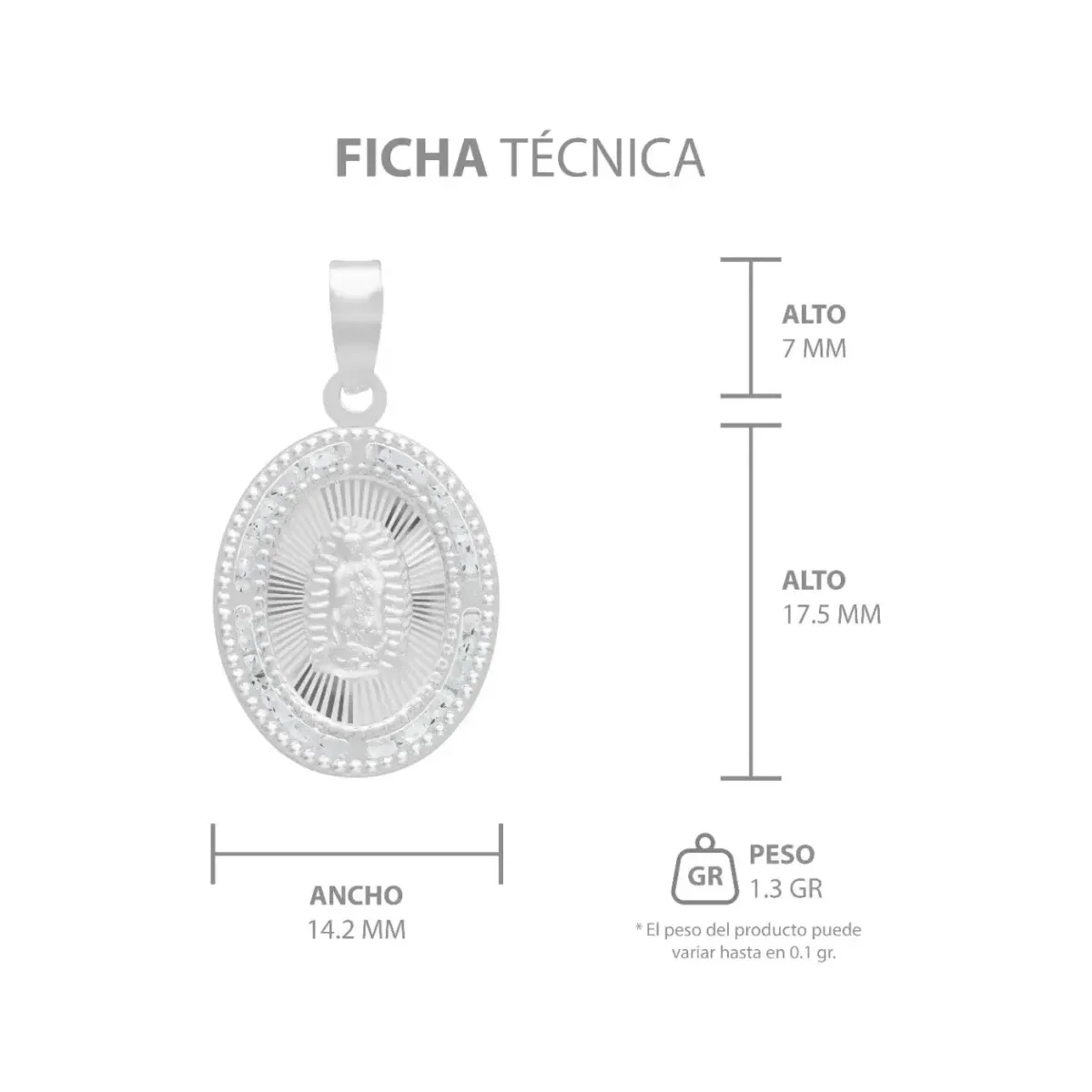 Dije Medalla Virgen Guadalupe Oval Plata 925 Zirconia Blanca - Imagen 7