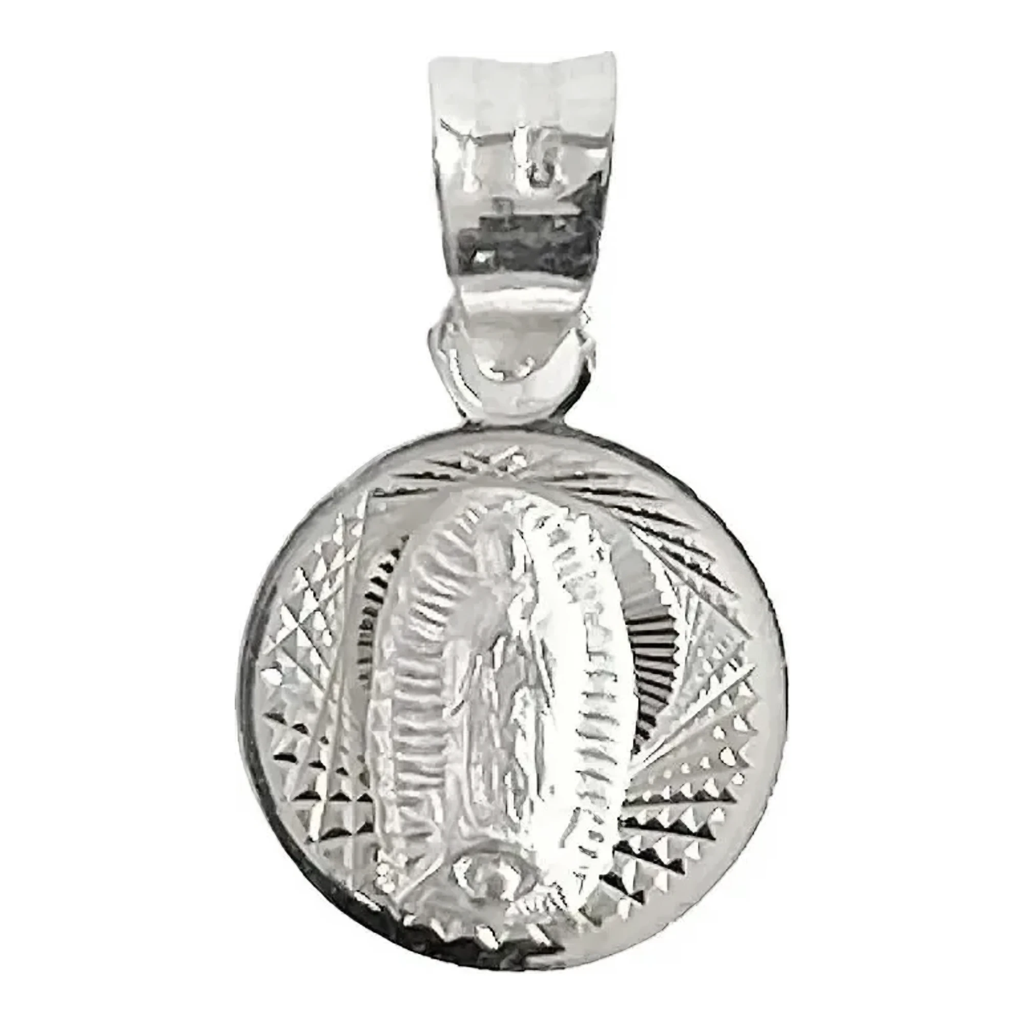 Dije medalla Virgen Guadalupe Plata Ley 925 diamantada, joyería artesanal mexicana moderna. Joyas espirituales de protección