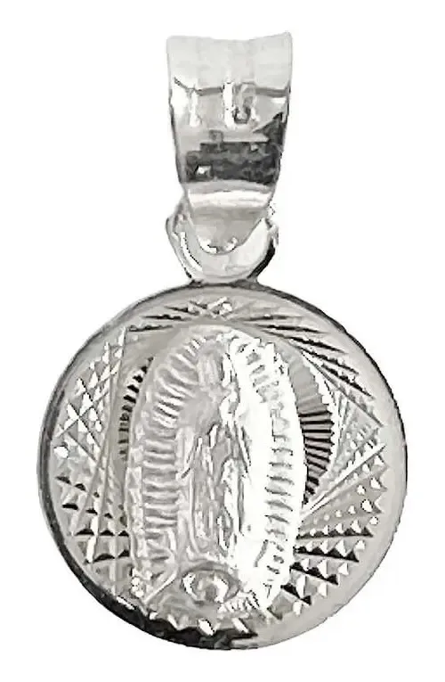 Dije medalla Virgen Guadalupe Plata Ley 925 diamantada, joyería artesanal mexicana moderna. Joyas espirituales de protección