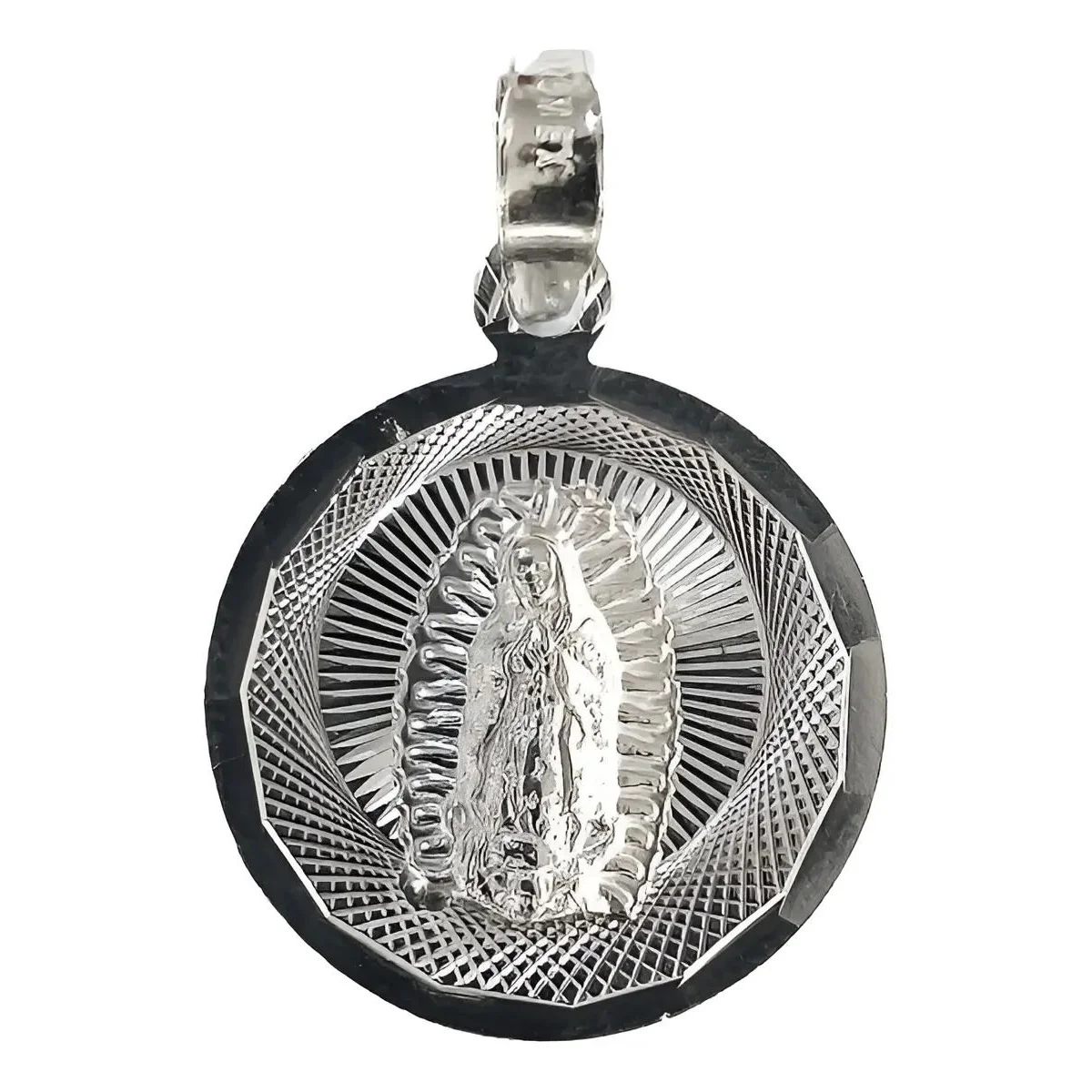 Dije Medalla Virgen Guadalupe Plata .925, diseño diamantado brillante, joyería artesanal mexicana, regalo bautizo, fe y prote