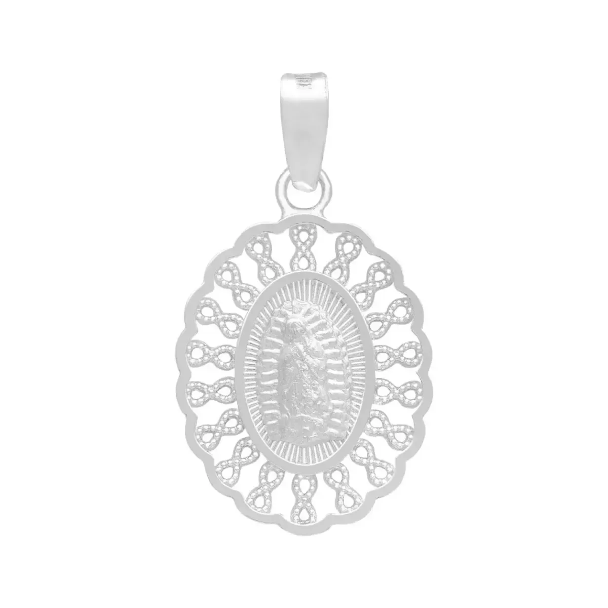 Dije Medalla Virgen Guadalupe Plata .925 con grecas, joya artesanal mexicana, color plata brillante, diseño de fe y protecció