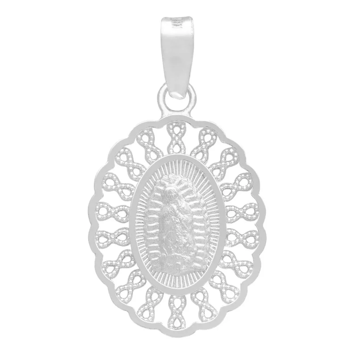 Dije Medalla Virgen Guadalupe Plata .925 con grecas, joya artesanal mexicana, color plata brillante, diseño de fe y esperanza