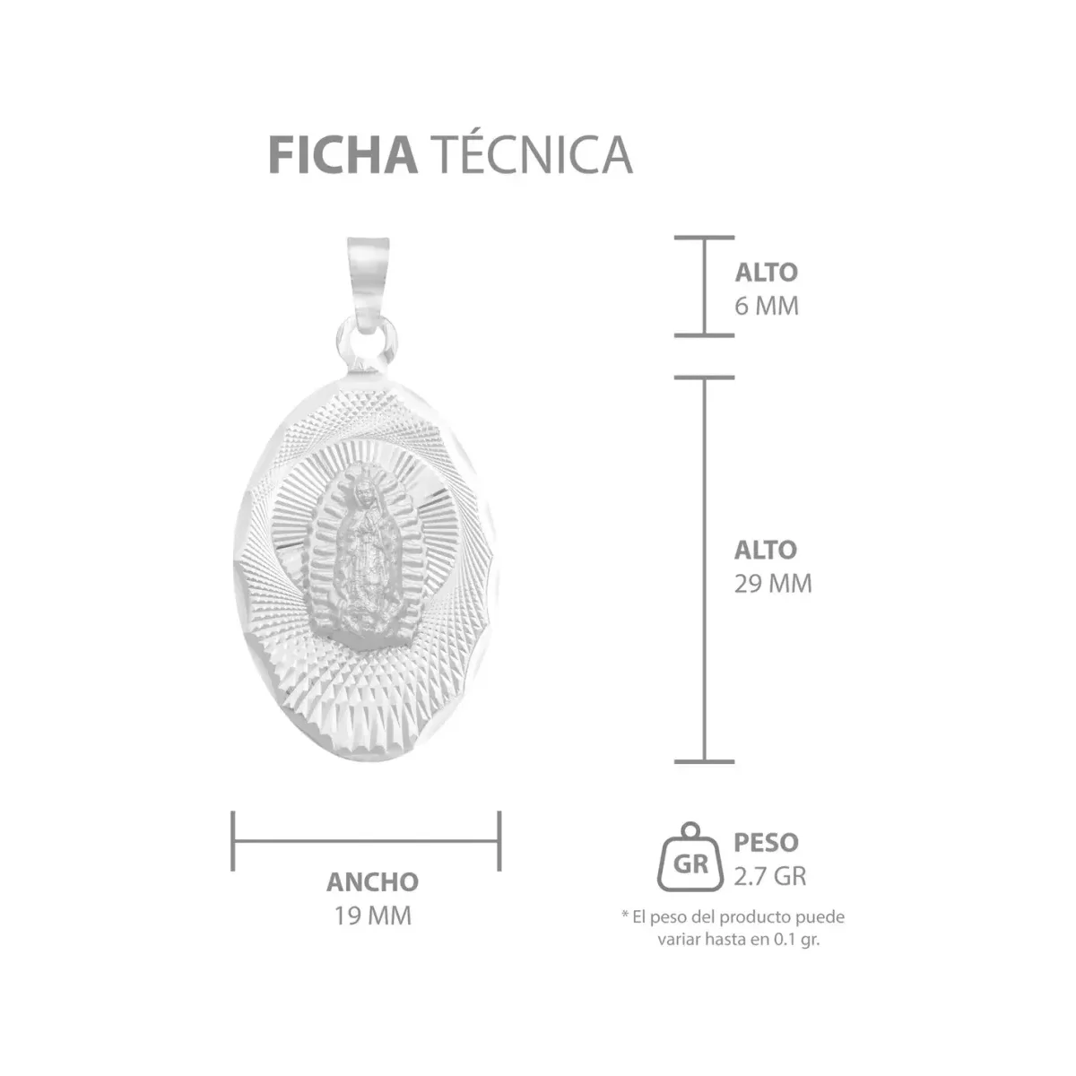 Dije Medalla Virgen Guadalupe Plata 925 Ovalado Diamantado - Imagen 7