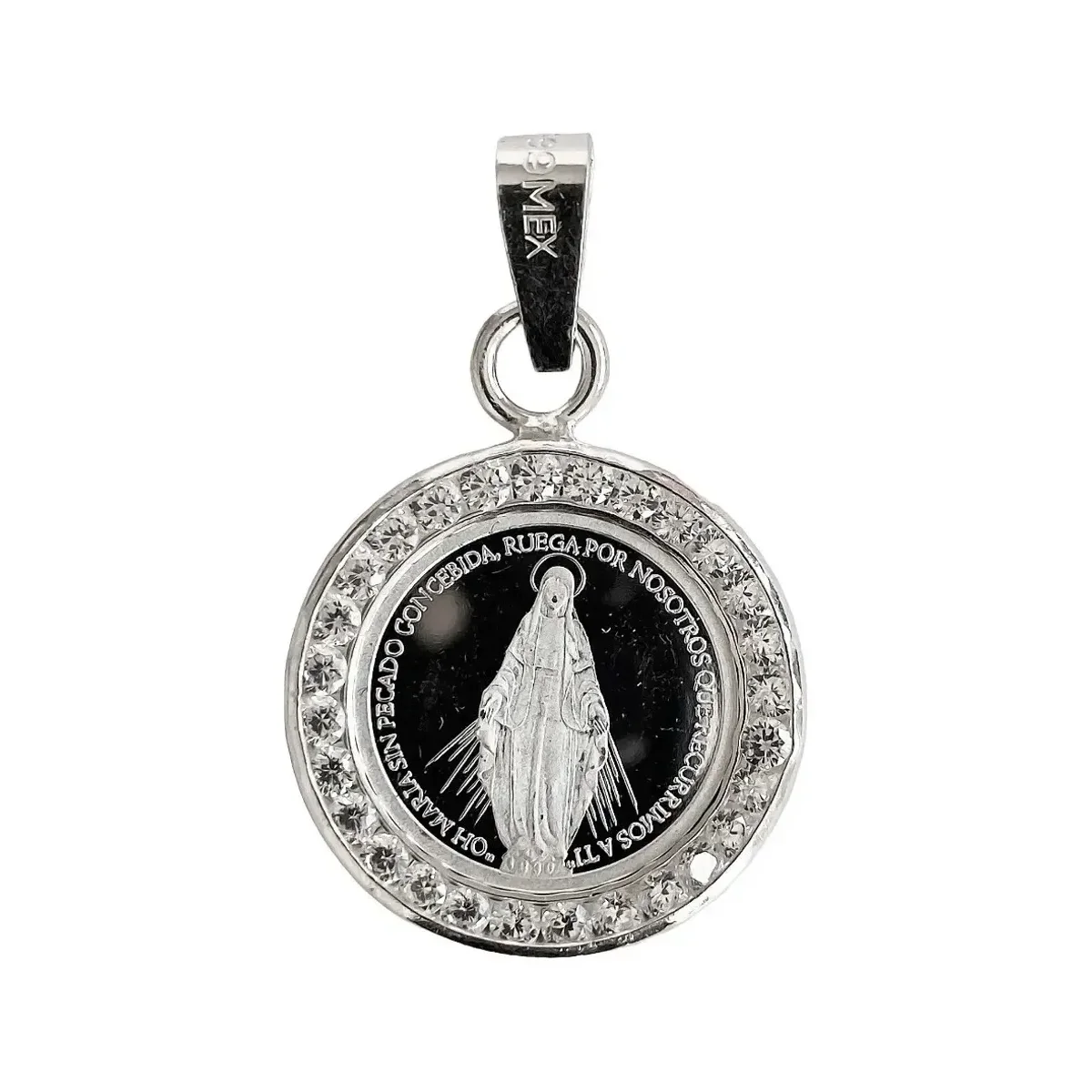 Dije Medalla Virgen Milagrosa ovalado de Plata Fina .999 con Zirconia brillante. Joyería católica moderna para mujer.