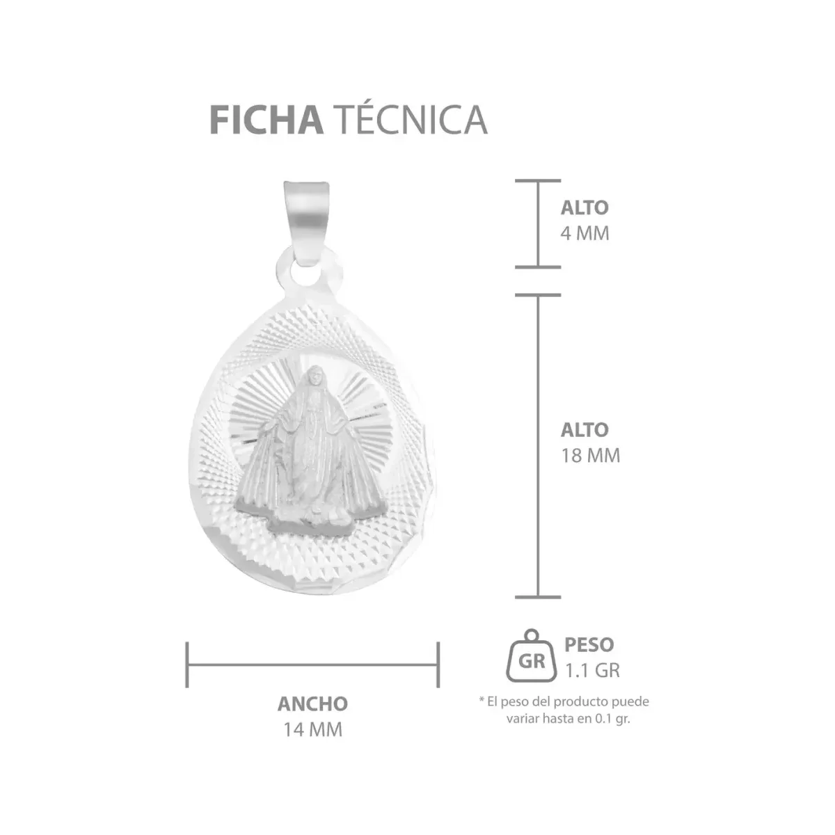 Dije Medalla Virgen Milagrosa Plata 925 Ovalada Acabado Diamantado - Imagen 6