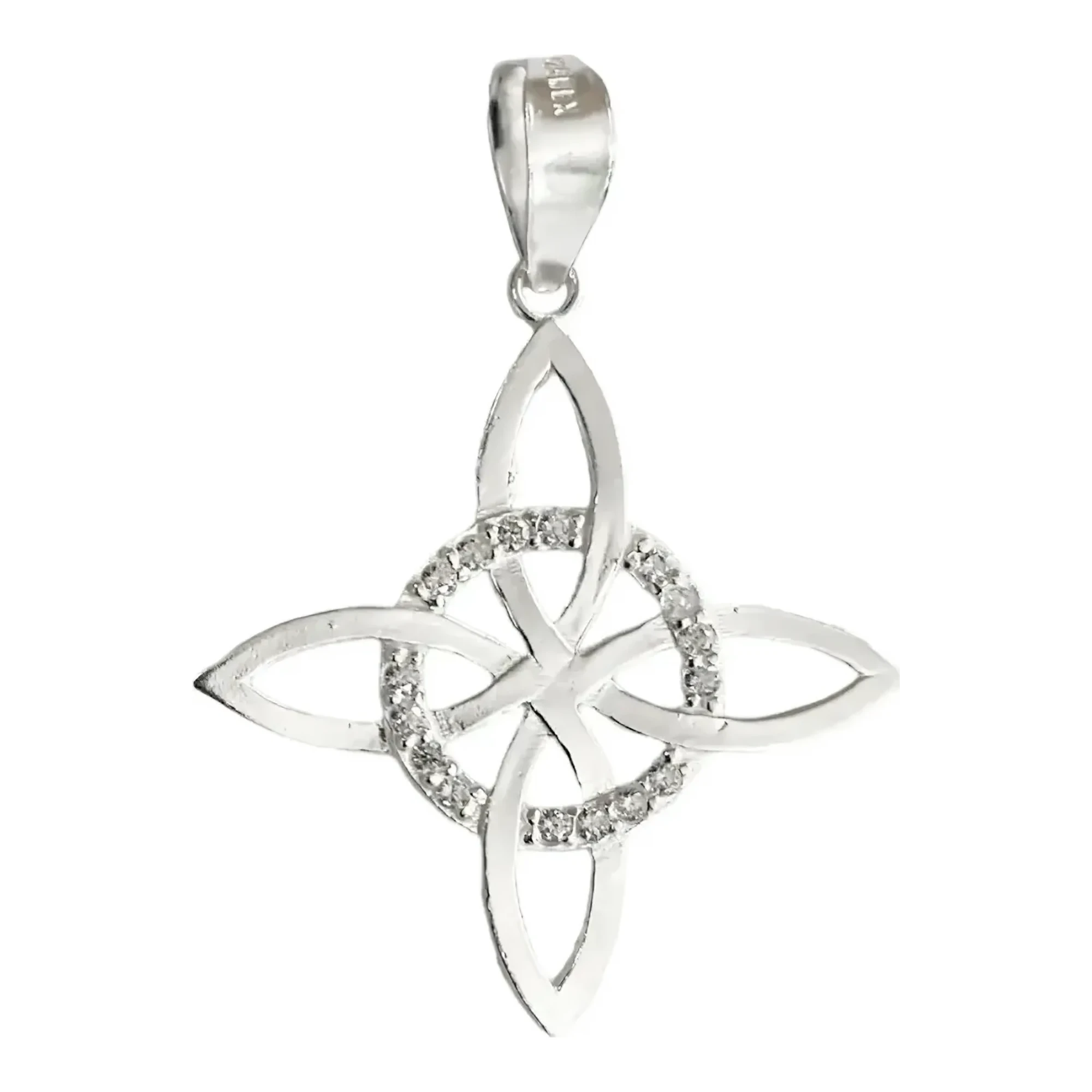 Dije Nudo Bruja Celta Plata 925 con Zirconia Transparente, colgante de protección. Joyería espiritual de plata ley 925 con si