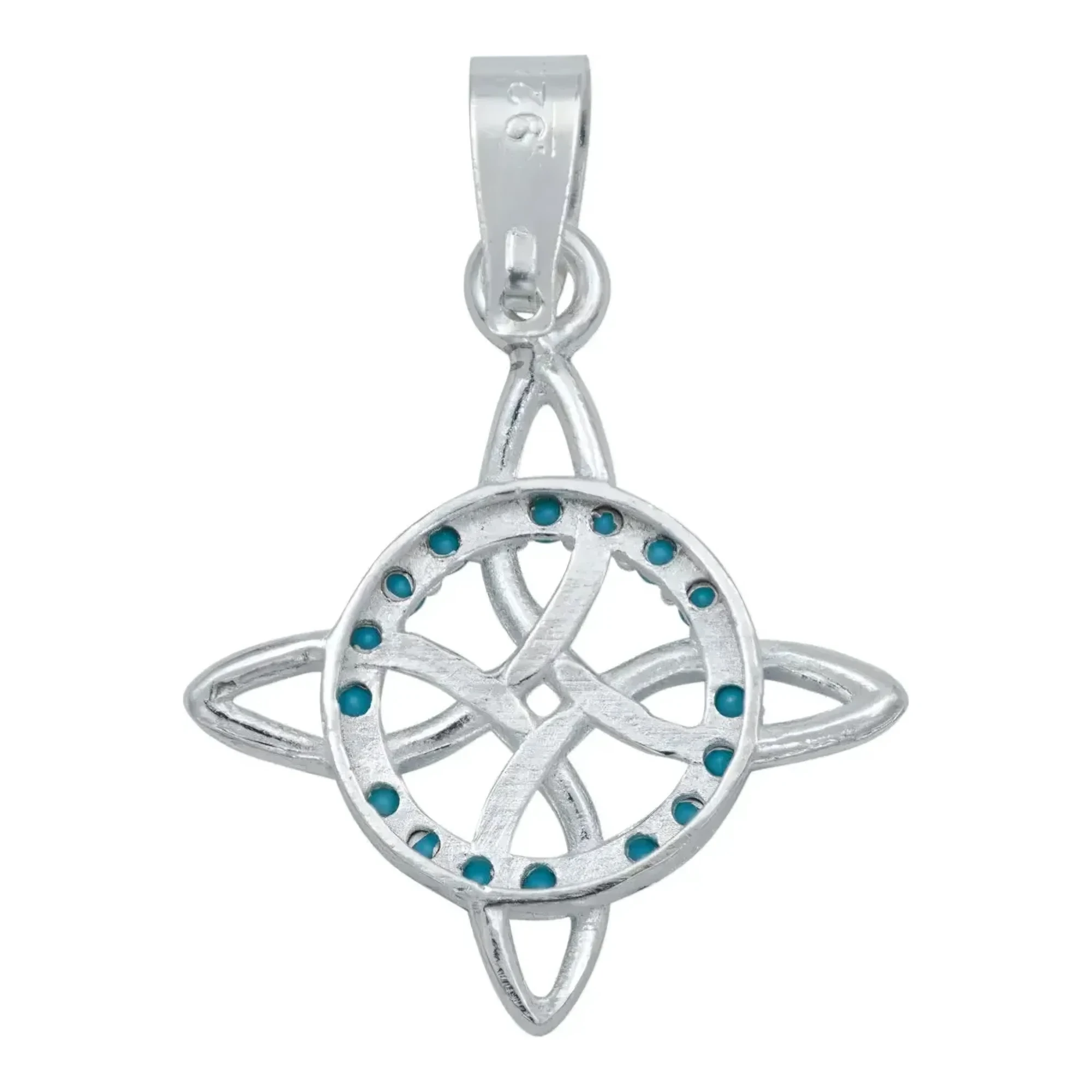 Dije nudo de bruja celta en plata ley 925 acabado liso con gema zirconia turquesa broche perico contra envidias mal de ojo