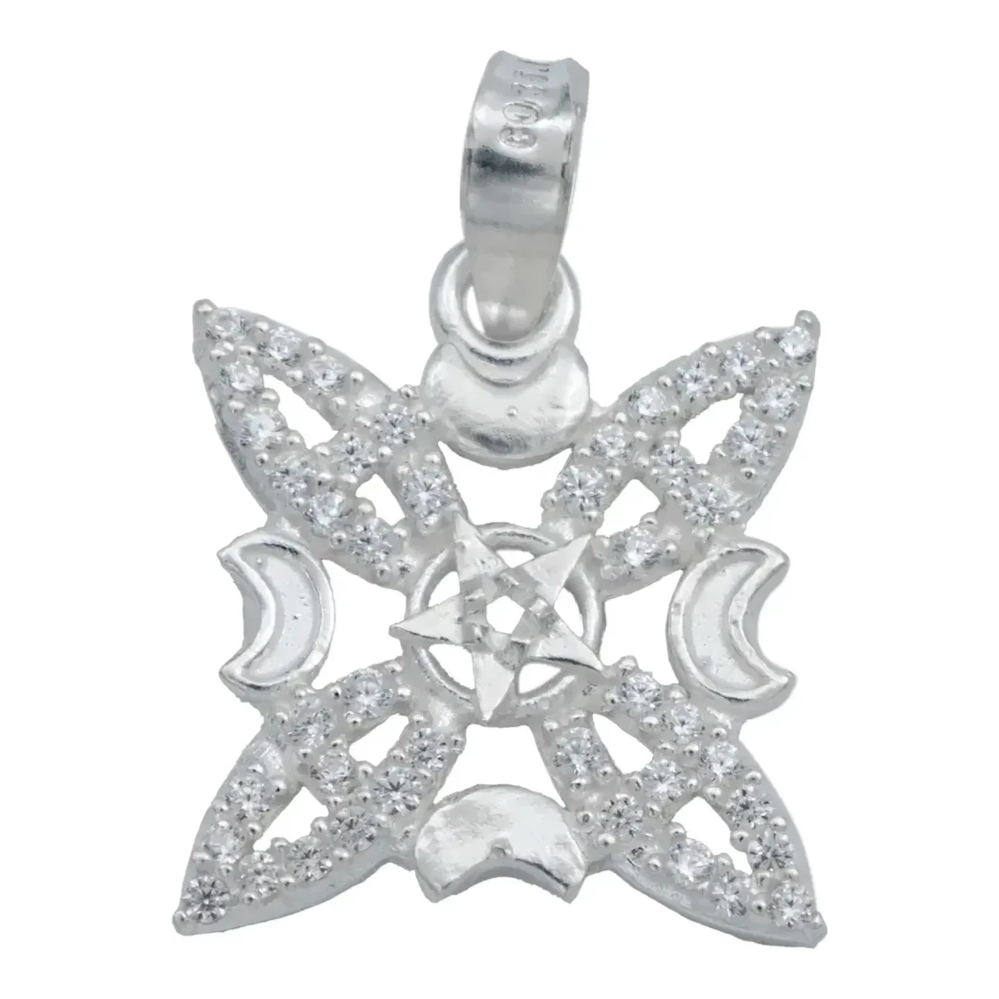 Dije nudo de brujas plata 925 nacional liso con zirconia blanca resplandeciente diseño fases luna y estrella protectora