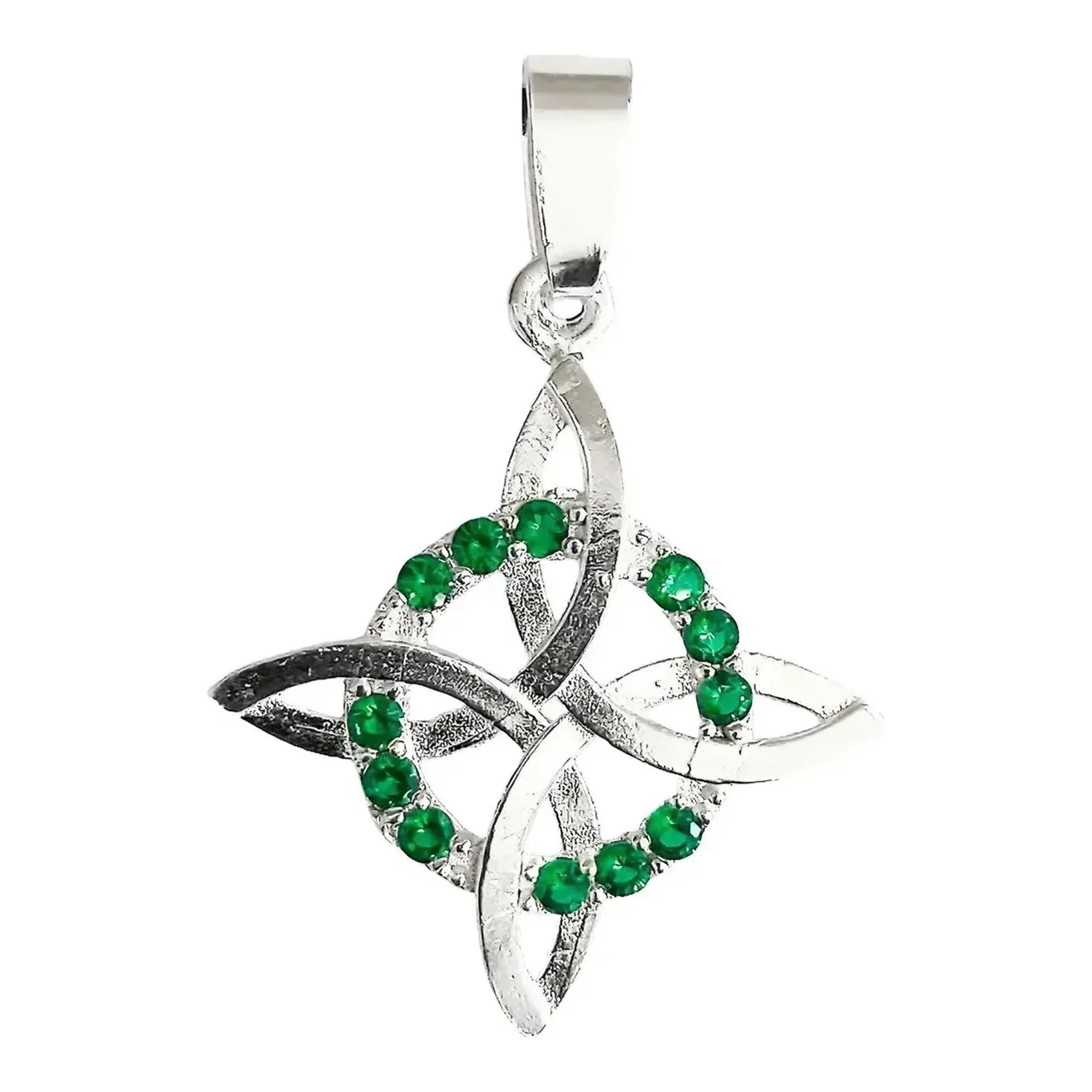 Dije nudo de bruja plata 925 con zirconia verde, amuleto celta contra mal de ojo y dije nudo celta plata 925 nacional.