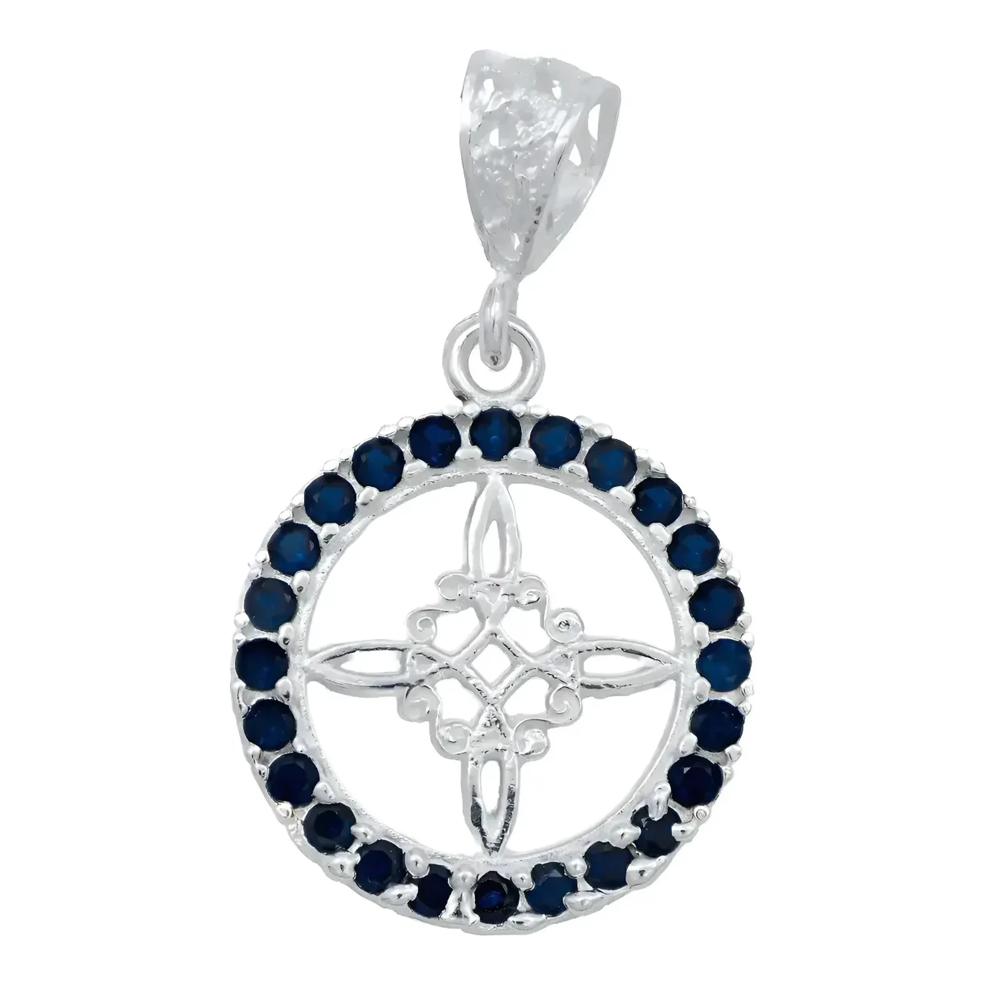 Dije nudo de bruja elaborado en plata ley .925 con zirconia azul central, amuleto celta protector contra envidias brillante