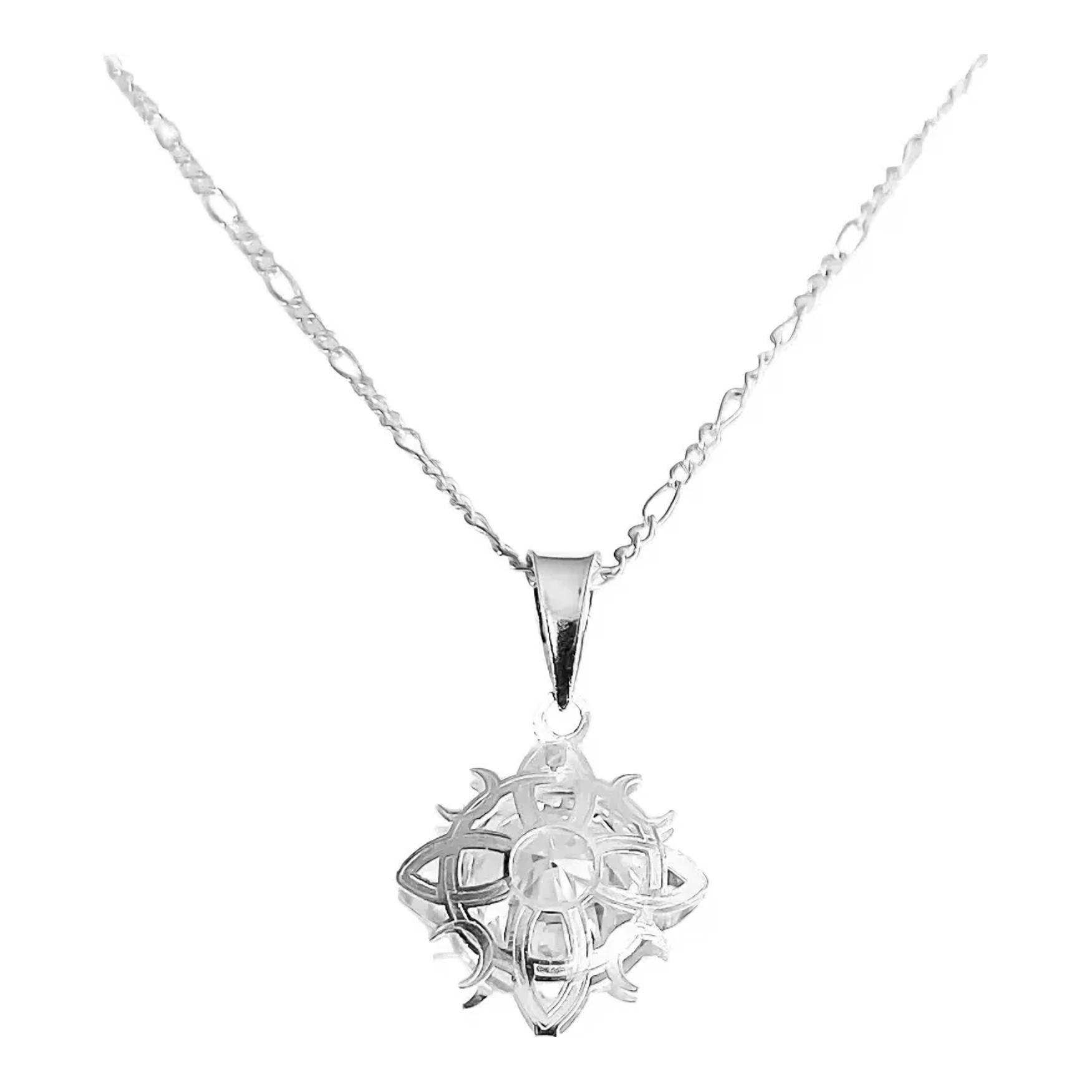 Dije nudo de brujas celta en plata ley .925 con zirconia incrustada brillante, cadena Figaro y acabado laser para proteccion