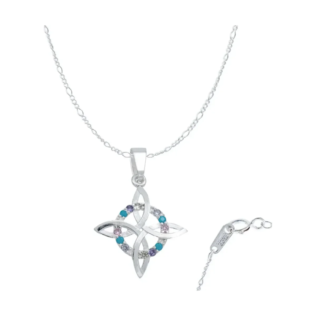Dije Nudo de Bruja Plano Plata .925 con Zirconias Rosas, collar nudo de bruja plata 925, joyería mágica esotérica protectora.