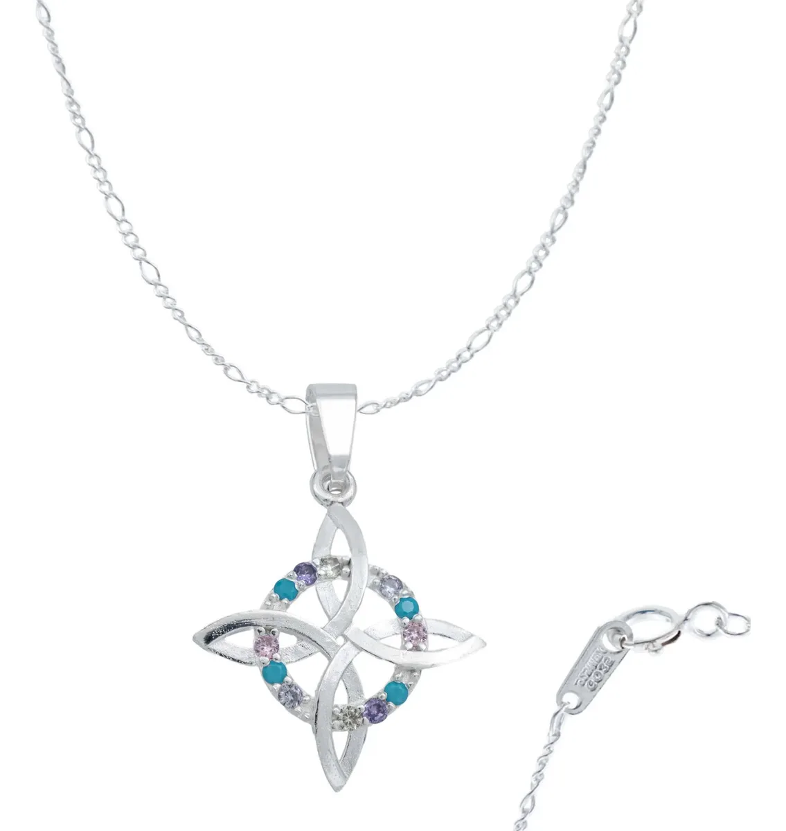 Dije Nudo de Bruja Plano Plata .925 con Zirconias Rosas, joyería mágica mexicana, amuleto de protección celta.
