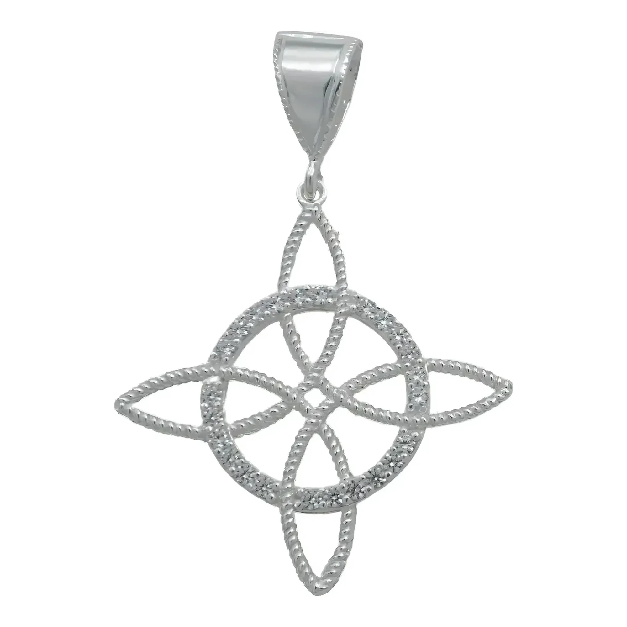Dije nudo de bruja plata .925 con zirconia blanca brillante, talismán nudo celta contra envidias y amuleto de protección