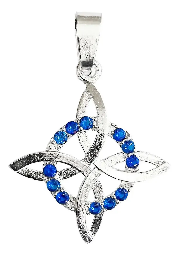 Dije Nudo de Bruja Plata 925 original, diseño plano con zirconia azul brillante. Amuleto de protección, joyería esotérica.