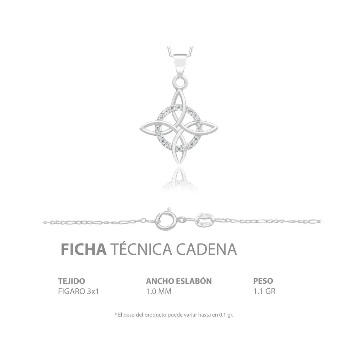 Dije Nudo de Bruja Plata 925 Zirconia con Cadena Figaro - Imagen 6