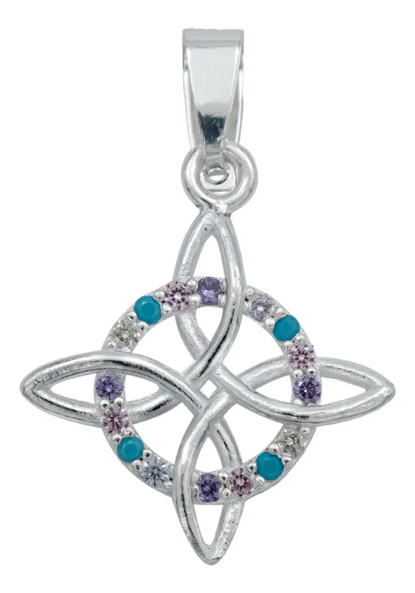Dije Nudo de Bruja Plata 925 mexicana con zirconias multicolor, un diseño artesanal y joyería de protección contra malas vibr