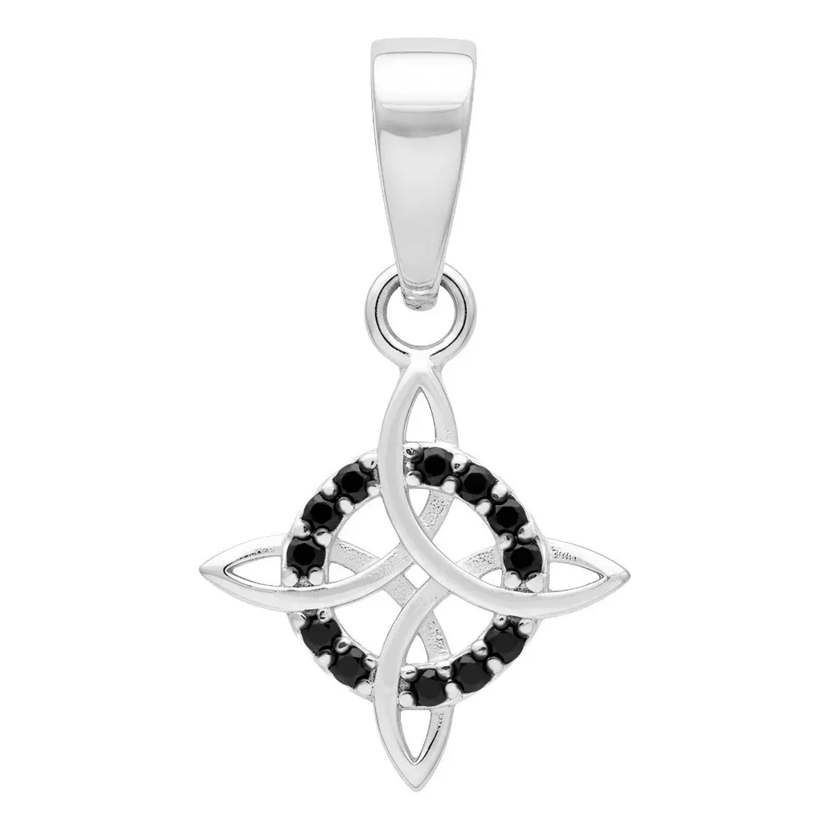 Dije Nudo de Bruja Plata Ley 925 con Zirconia Negra, amuleto protector unisex. Joyería artesanal mexicana de plata .925.