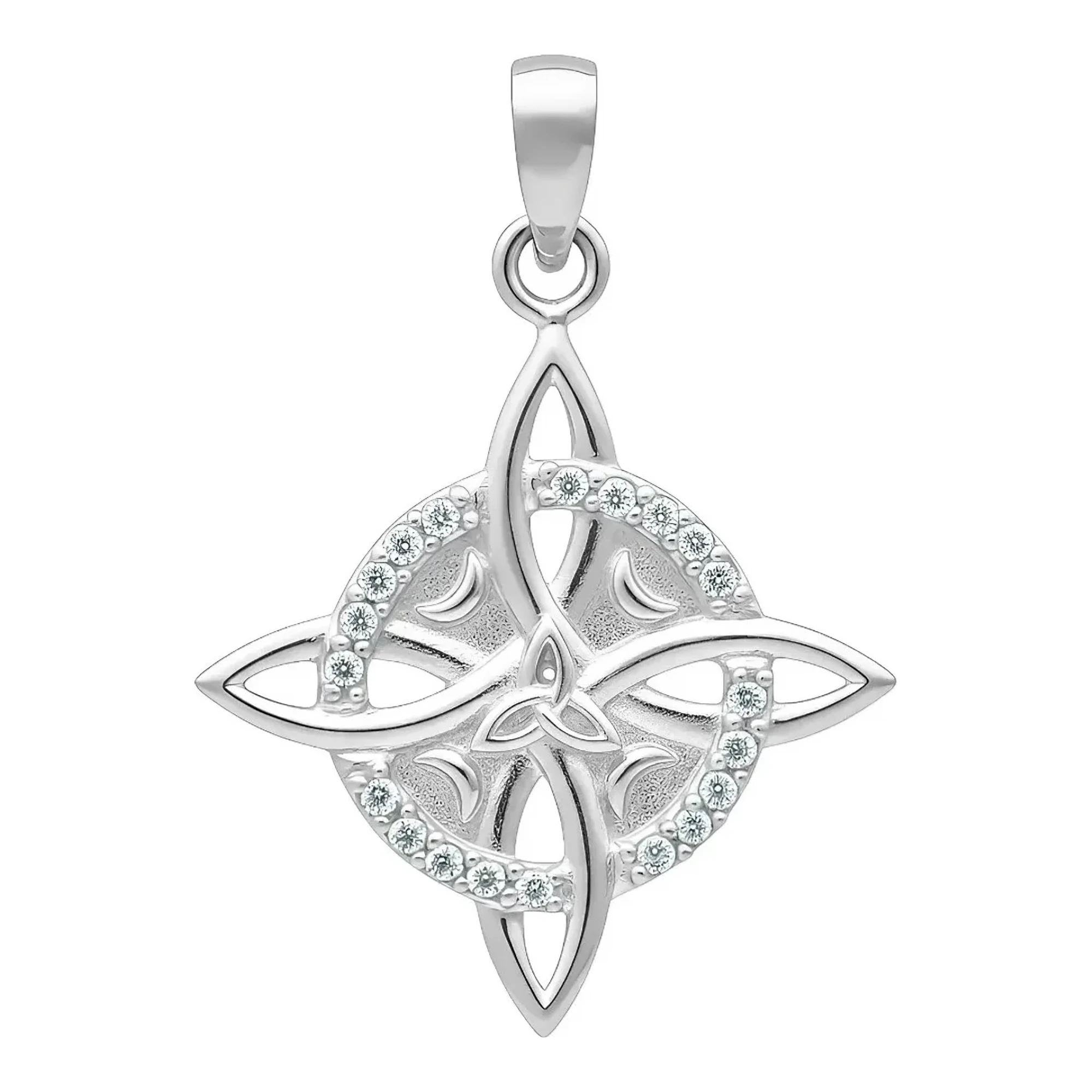 Dije nudo de bruja original en plata .925 mexicana con acabado liso, triqueta de fases lunares y zirconia blanca brillante