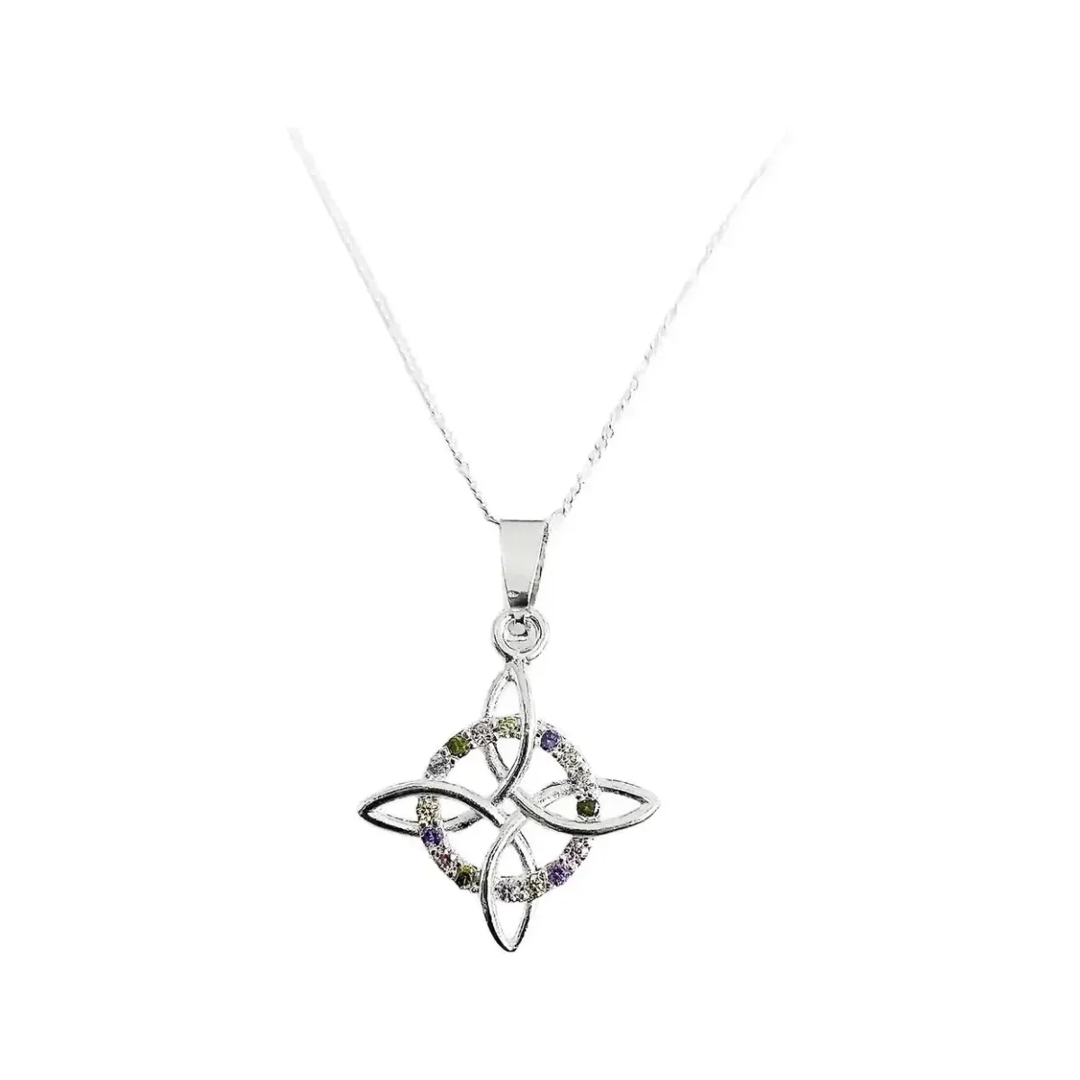 Collar Dije Nudo de Bruja Protección Plata Ley .925 con Cadena Figaro 3x1, zirconias multicolor. Joyería de plata mexicana.