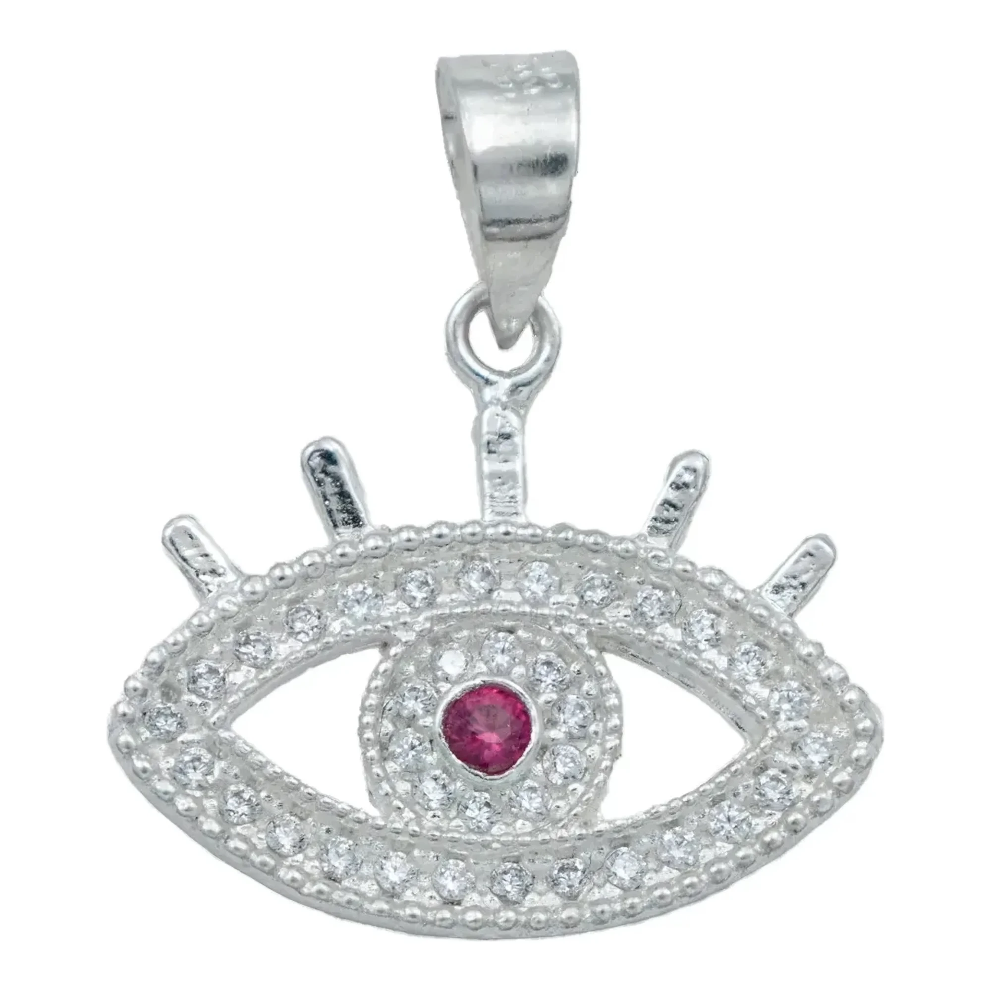 Dije Ojo Turco Plata 925 con Zirconias Fucsia, joyería esotérica amuleto de protección contra mal de ojo. Collar ojo turco pl
