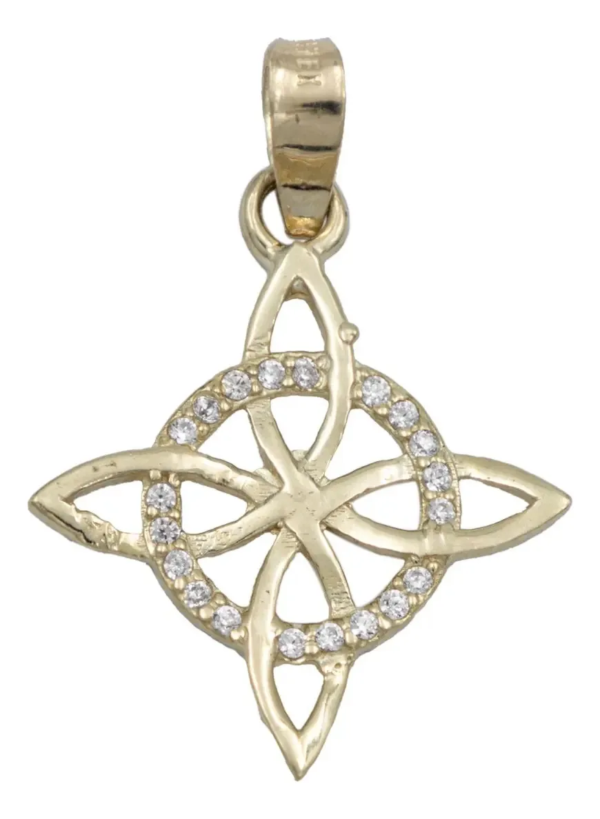 Dije de oro amarillo 10k, diseño Nudo de Bruja Celta. Zirconia brillante, joyería fina mexicana esotérica. Amuleto de protecc