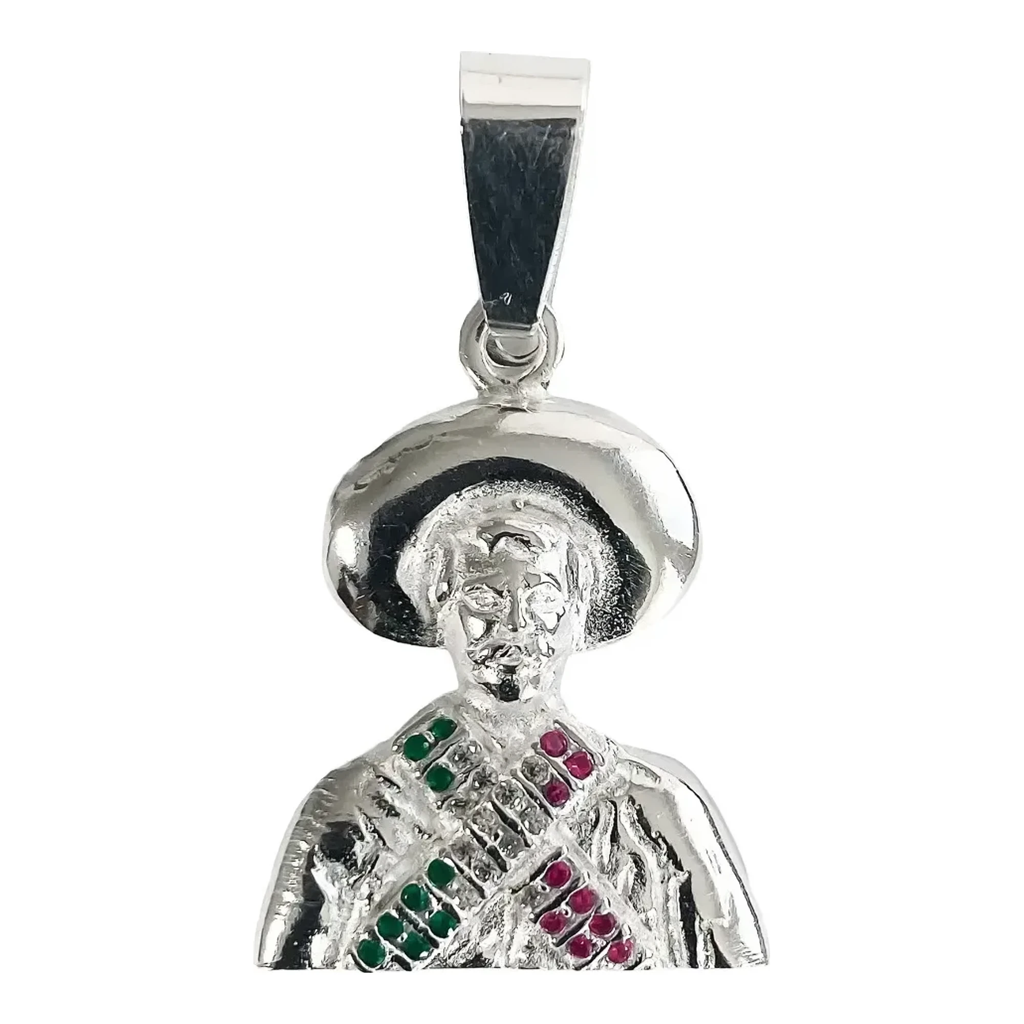 Dije Pancho Villa Plata 925 Tricolor con Zirconia. Colgante de plata de ley para hombre, diseño mexicano y artesanal.