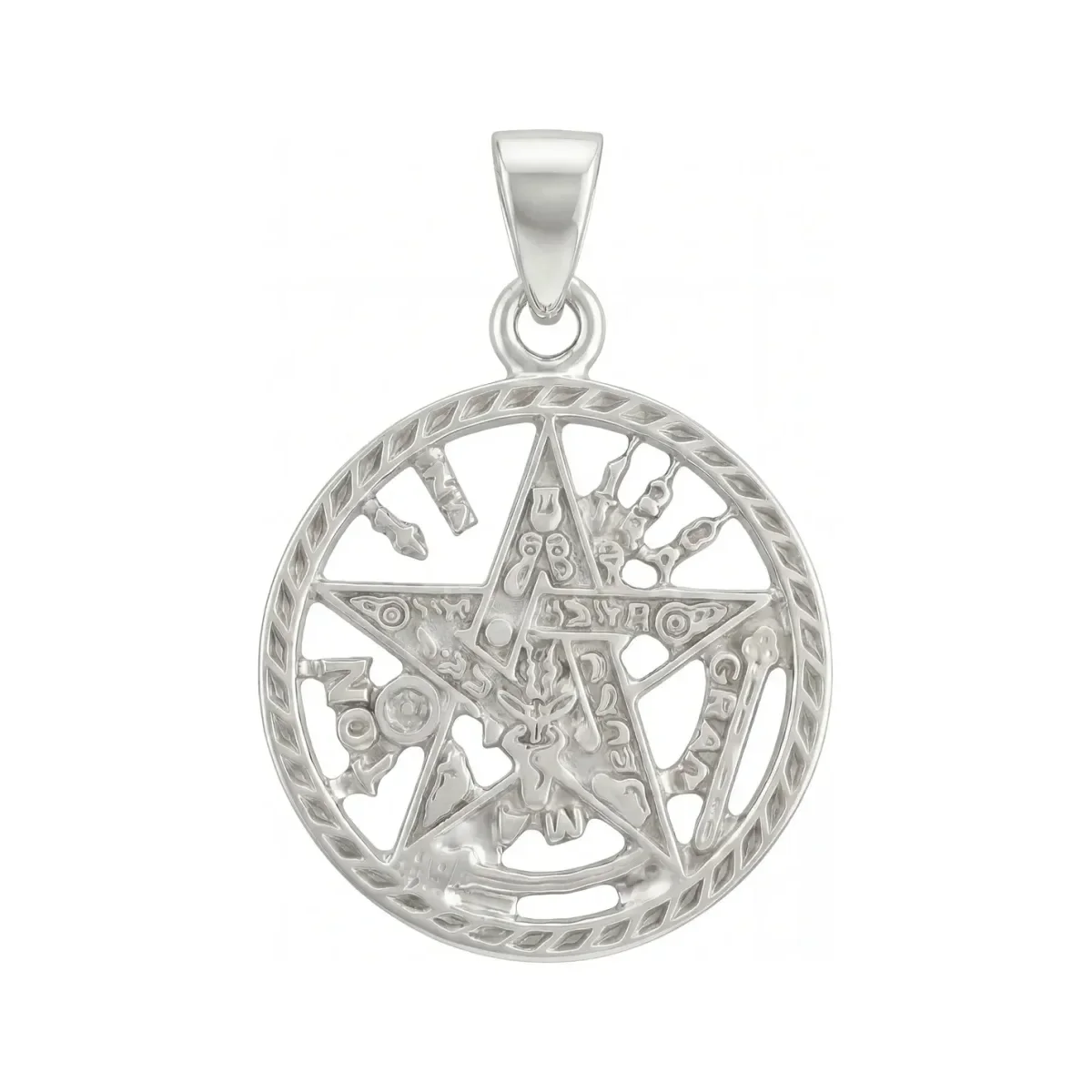 Dije Pentagrama Tetragramaton Plata .925, diseño místico pulido brillante. Joyería esotérica con significado, amuleto de prot