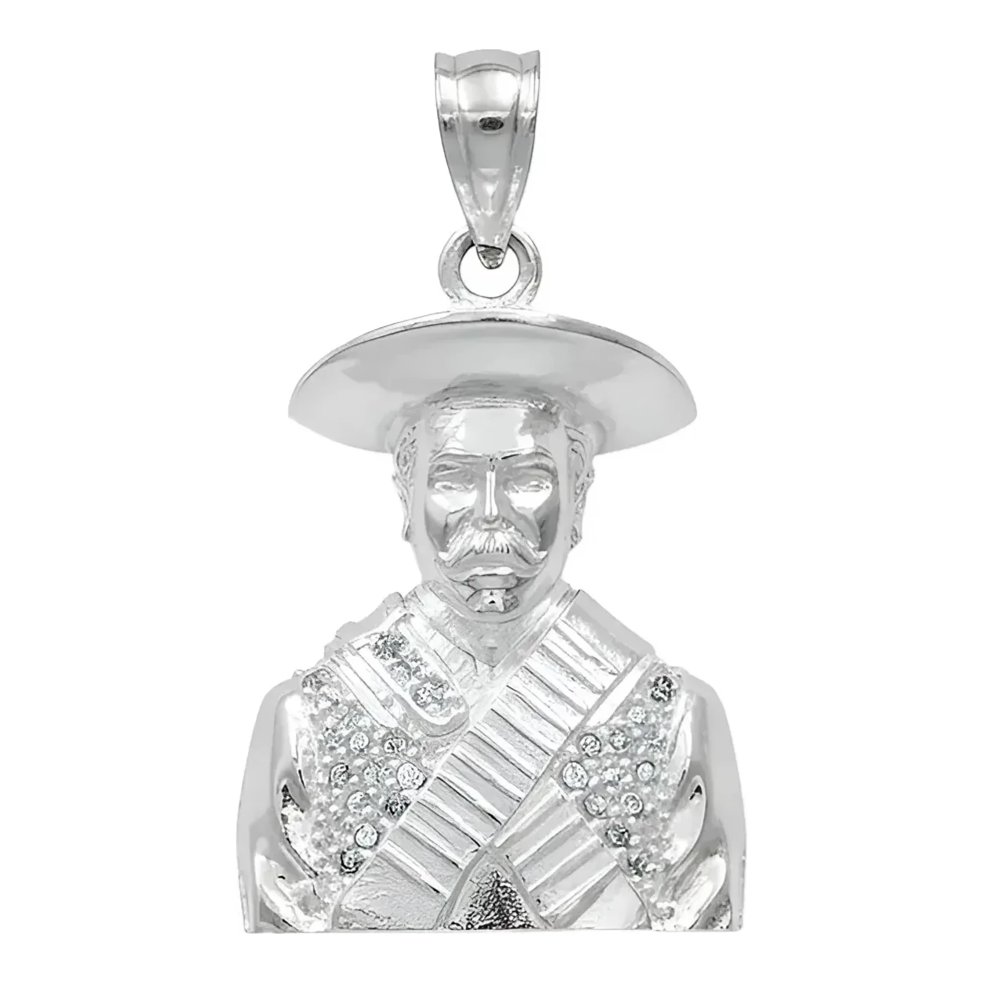 Dije para hombre busto Emiliano Zapata en plata ley .925 nacional con incrustación de zirconia clara y acabado grabado fino