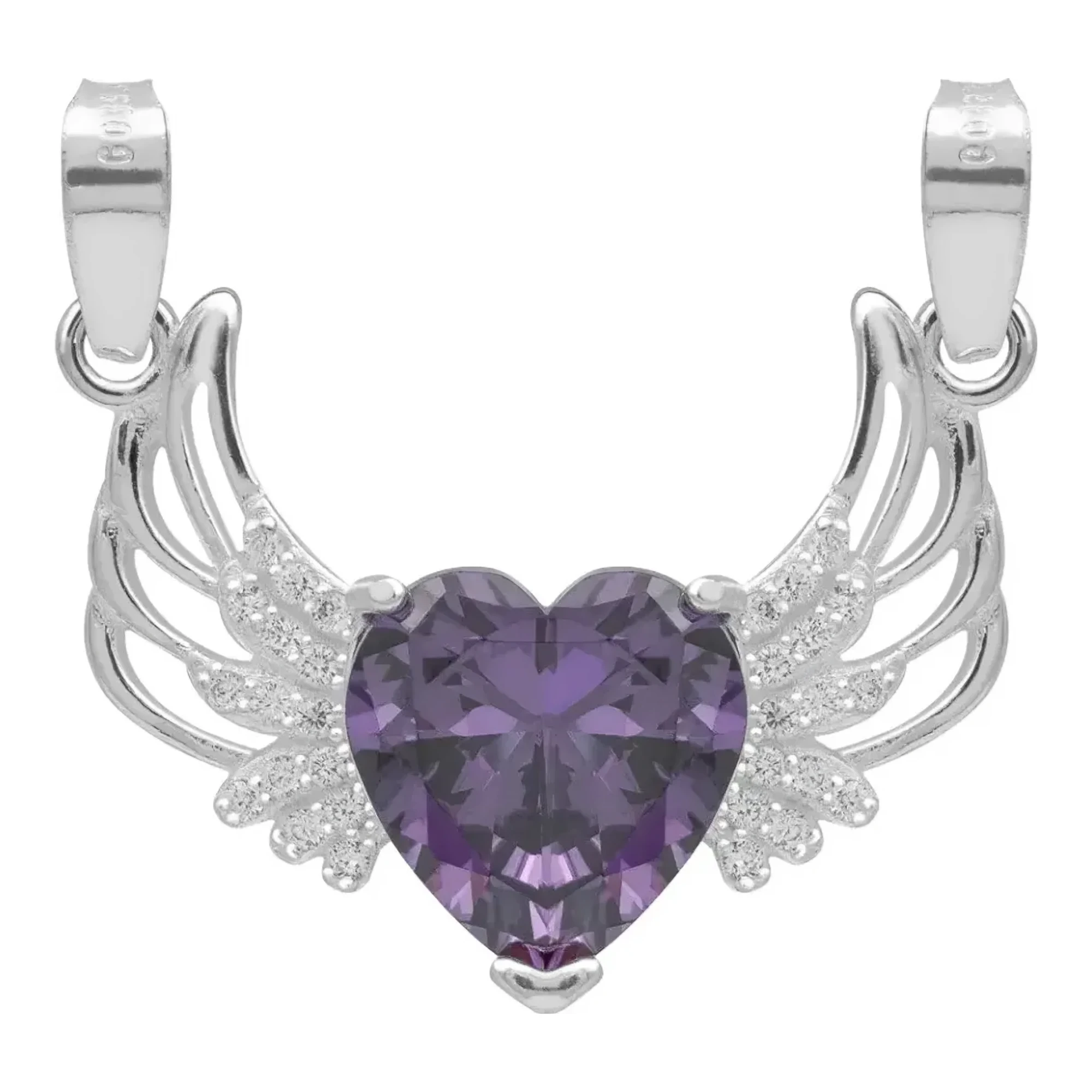 Dije alas de ángel plata .925 nacional diseño corazón solitario con zirconia morada violeta broche perico diez milímetros