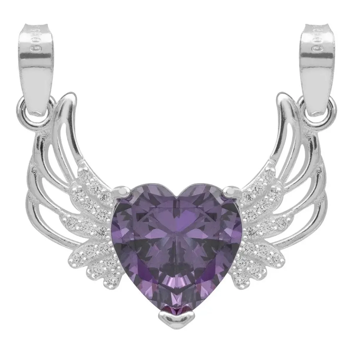 Dije Corazón Alas Plata .925 con Zirconia Violeta. Joyería de moda mujer, con significado espiritual, gemas de colores y bril