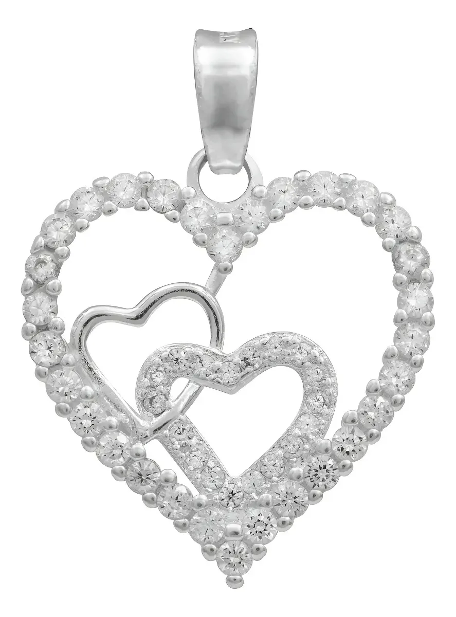 Dije Plata .925 Corazones con Zirconia Transparente, colgante minimalista para mujer, joyería versátil de plata .925.