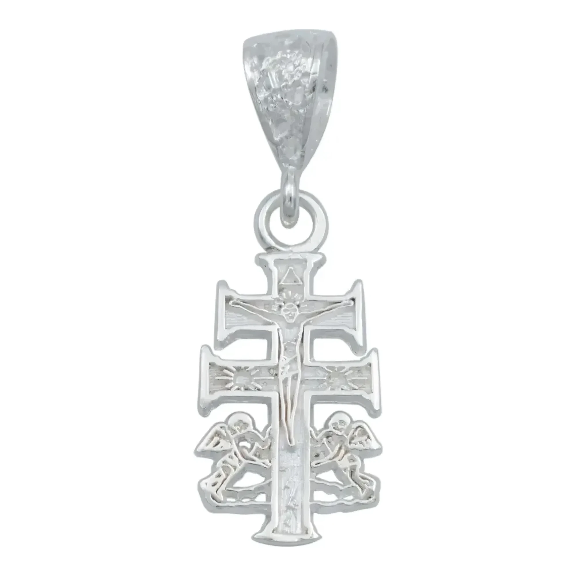 Dije Plata .925 Cruz Caravaca con Cristo y Ángel para hombre, colgante significativo de joyería de plata mexicana, amuleto de