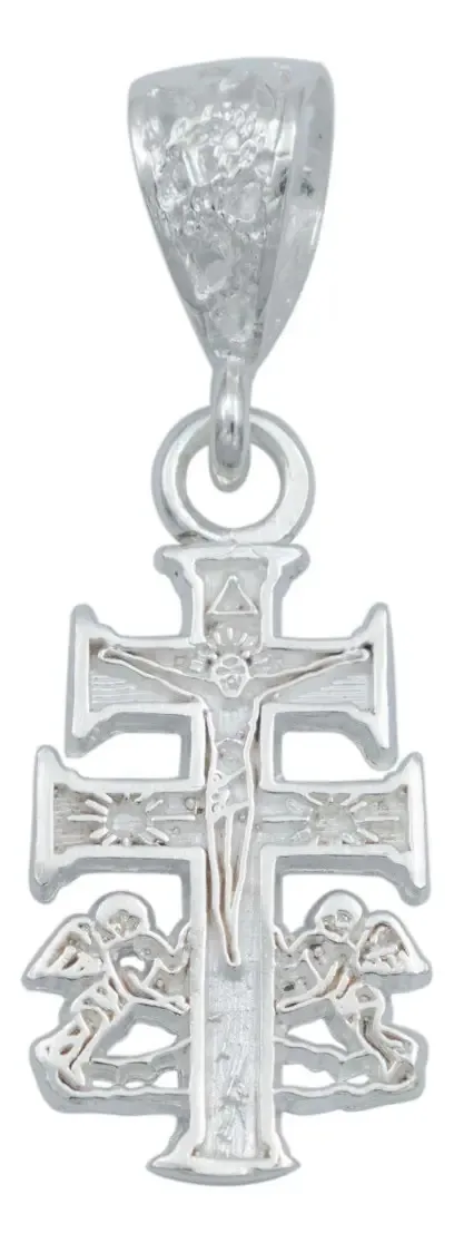 Dije Plata .925 Cruz Caravaca con Cristo y Ángel para hombre, colgante significativo de joyería de plata mexicana, amuleto de