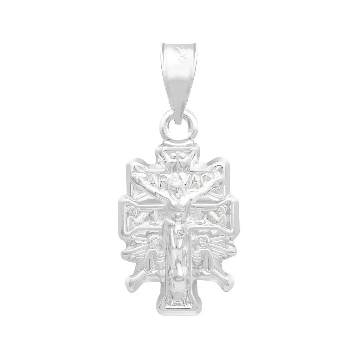 Dije Plata .925 Cruz Caravaca troquelada con Cristo y Ángeles. Joyería de fe y protección artesanal mexicana, amuleto de prot