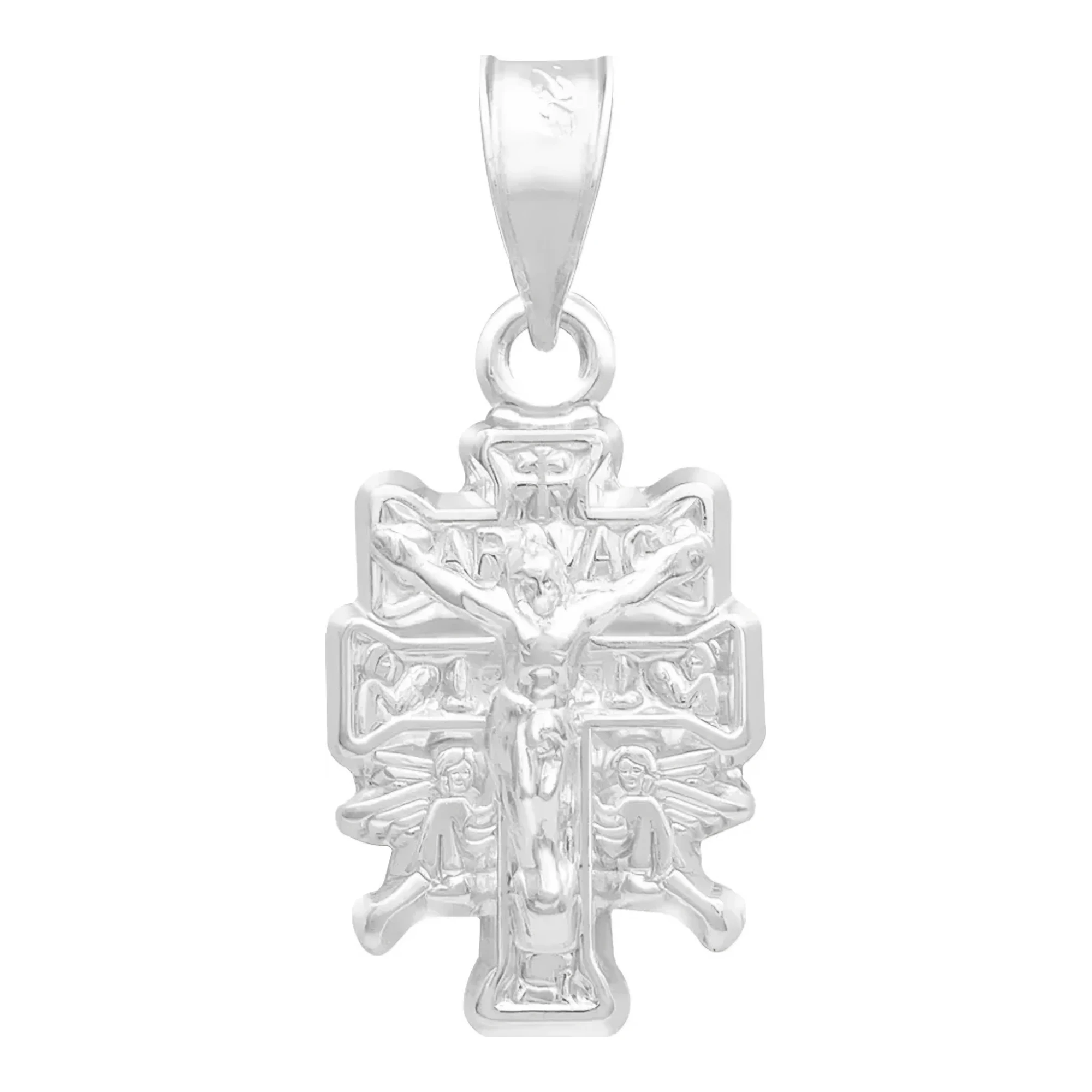 Dije cruz de caravaca plata .925 troquelada con Cristo y Ángeles, medalla cruz doble de caravaca plata en acabado brillante