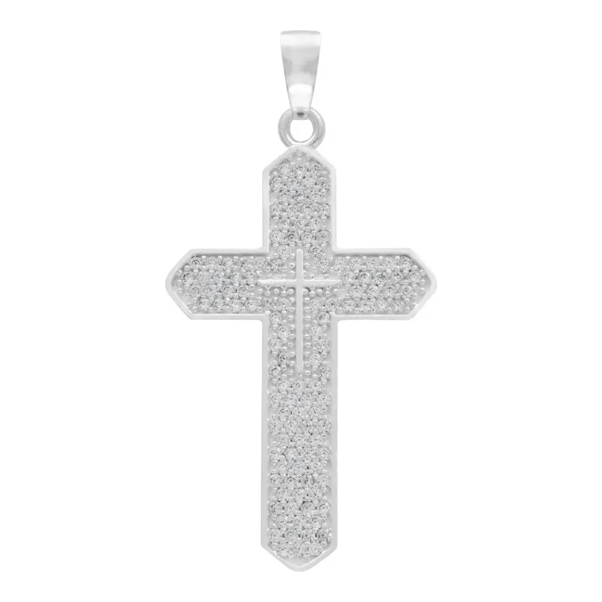 Dije cruz de plata para hombre en plata ley 925 con zirconia transparente brillante y broche perico con fino acabado liso.