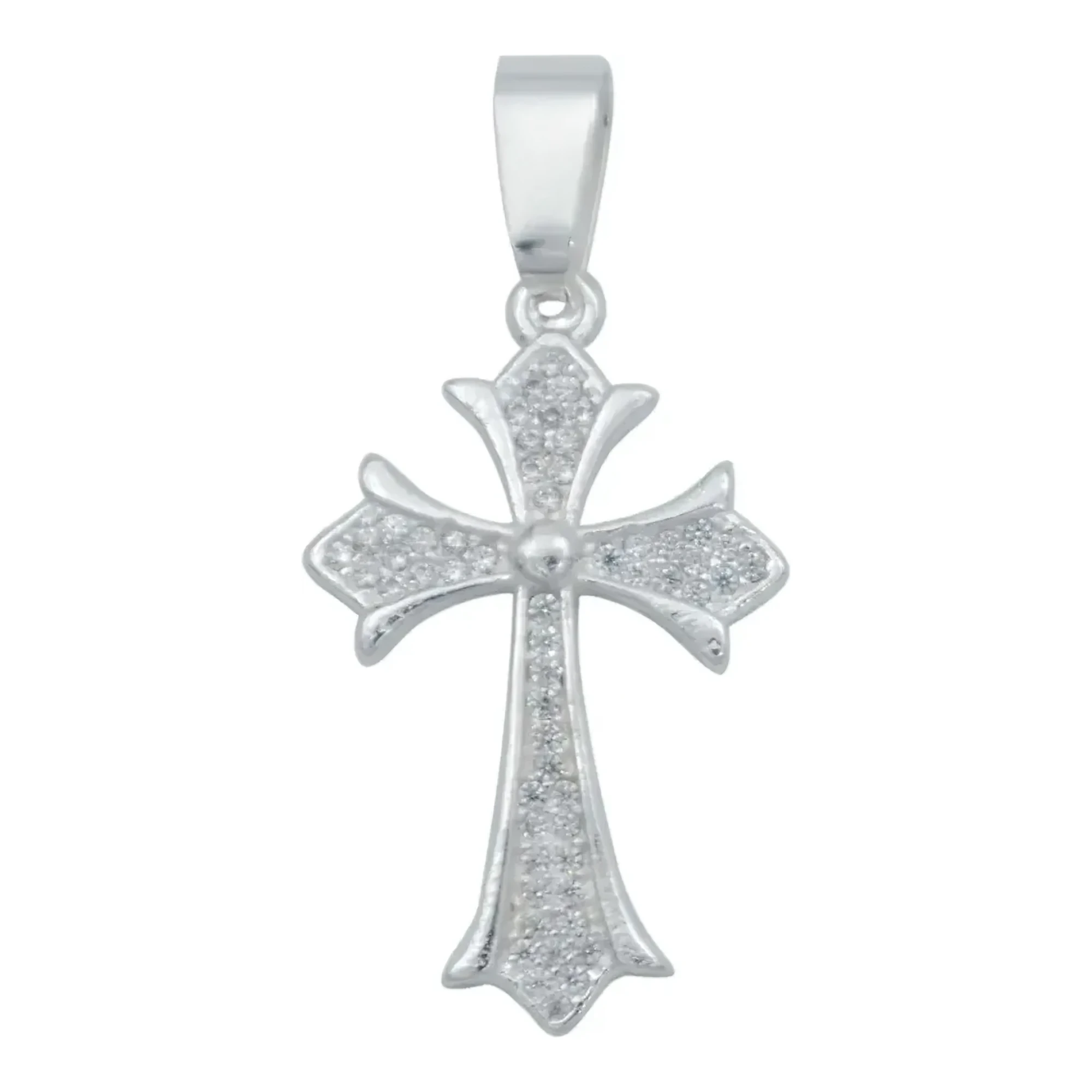 Dije de cruz de plata 925 nacional con zirconias transparentes facetadas engarzadas y broche tipo perico de brillo fino