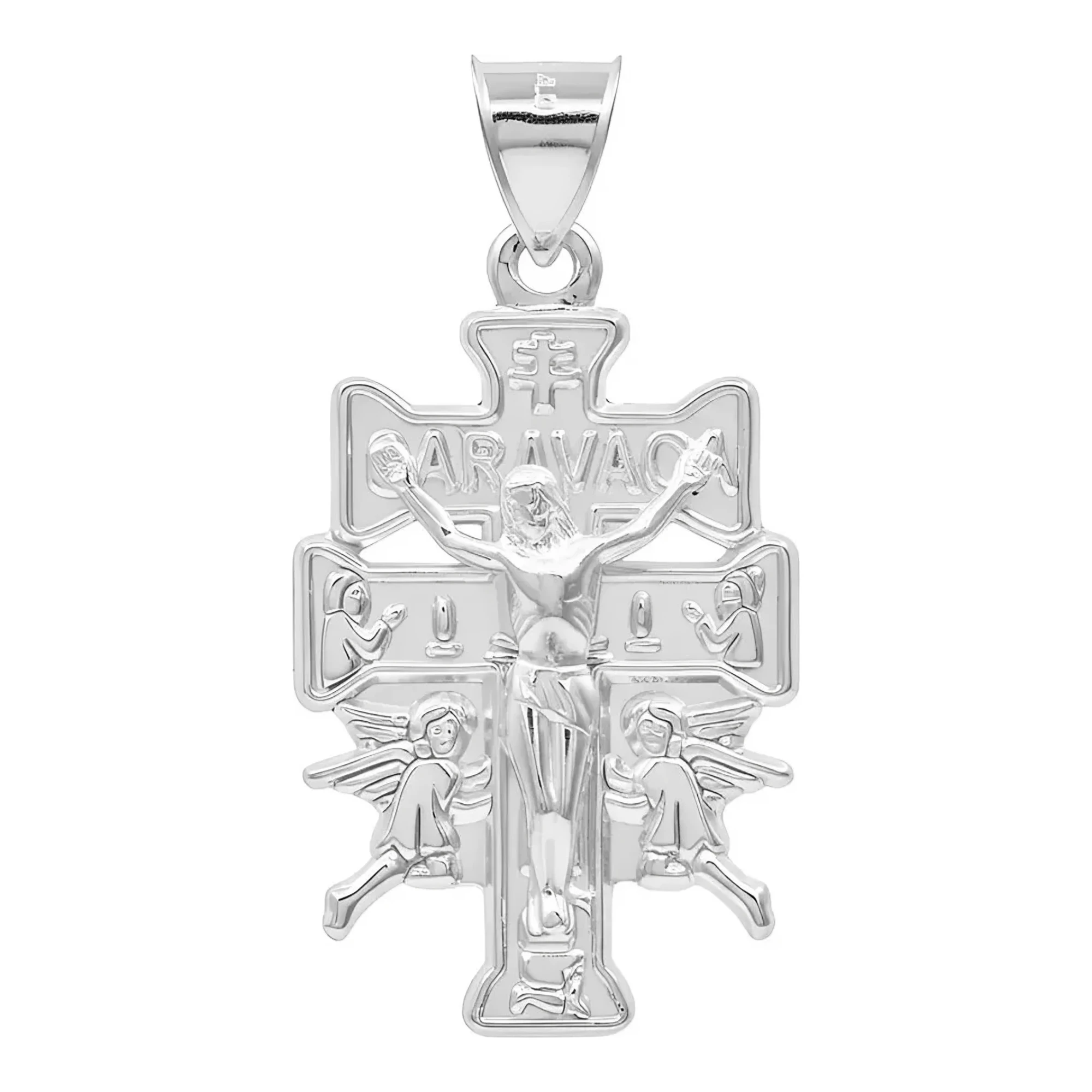 Dije Cruz de Caravaca troquelada con angeles en plata ley 925 nacional brillante, medalla religiosa amuleto contra envidias